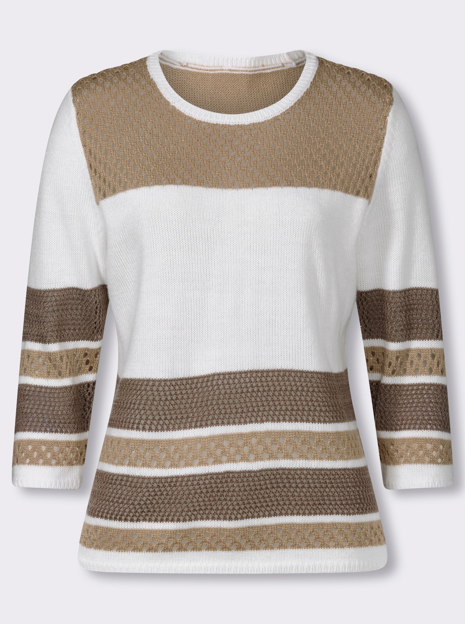 3/4-Arm-Pullover in Ajourstrick - ecru-beige-gestreift
