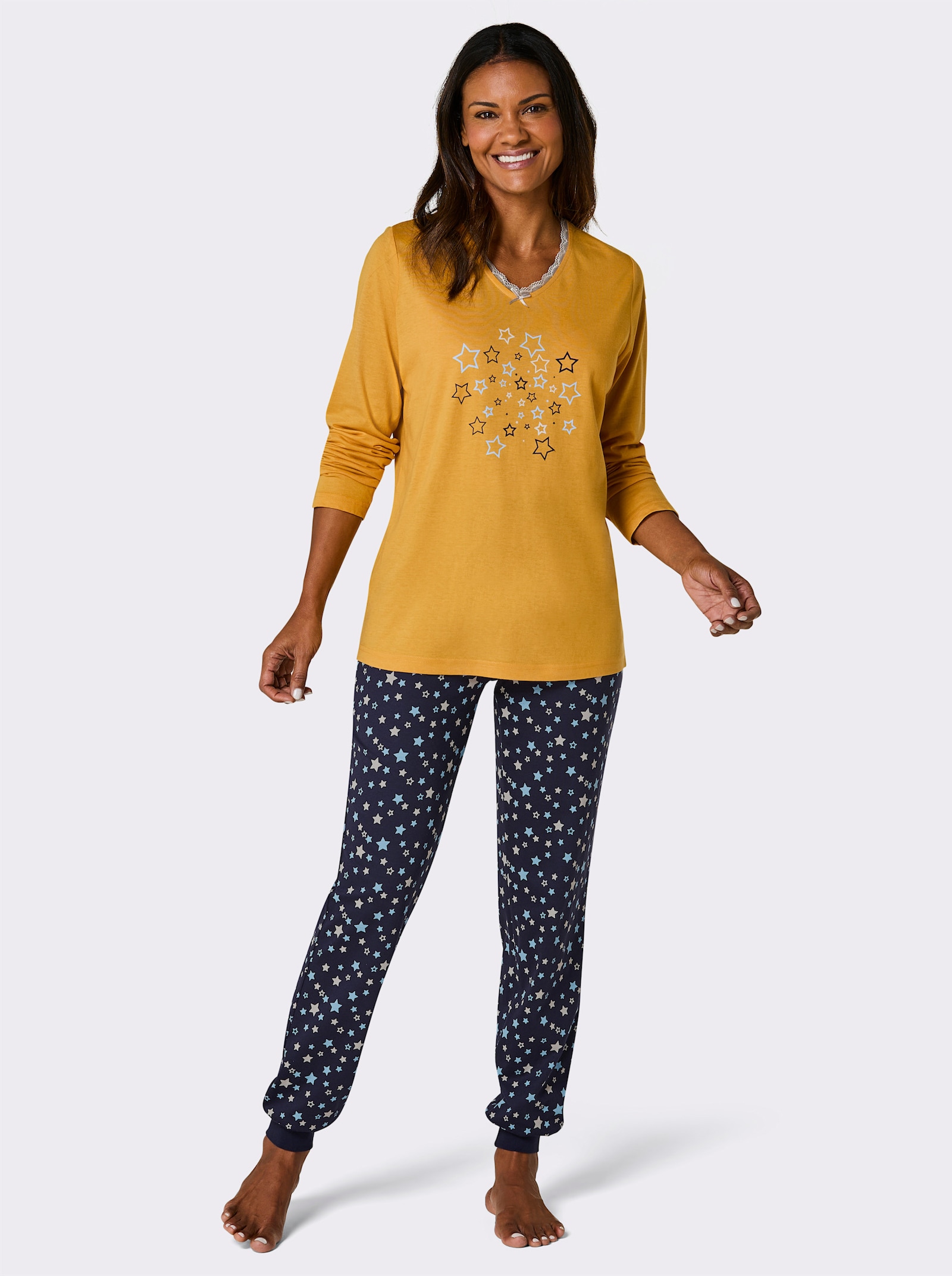 wäschepur Schlafanzug - ocker-marine-bedruckt