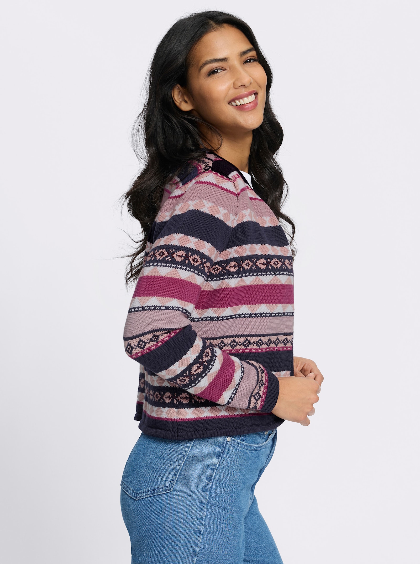 Jacquardstrickjacke im kurzer, offener Form - marine-erika-gemustert