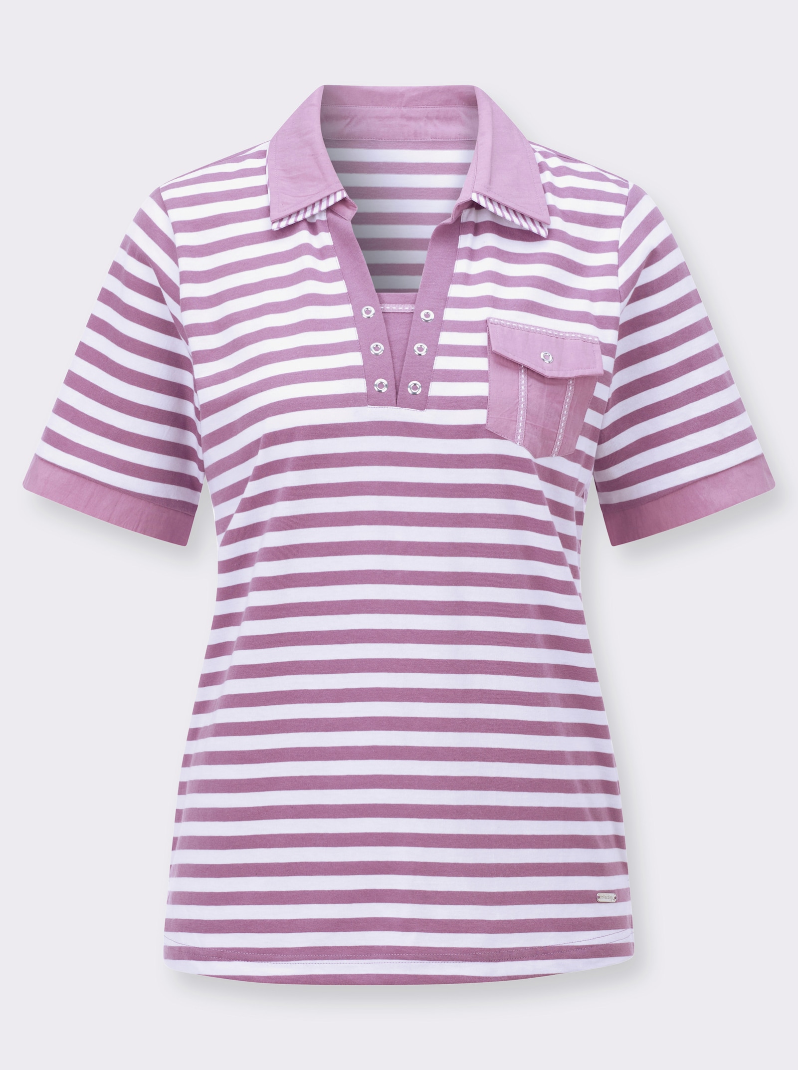 Poloshirt mit Ösen-Verzierung - orchidee-weiß-geringelt