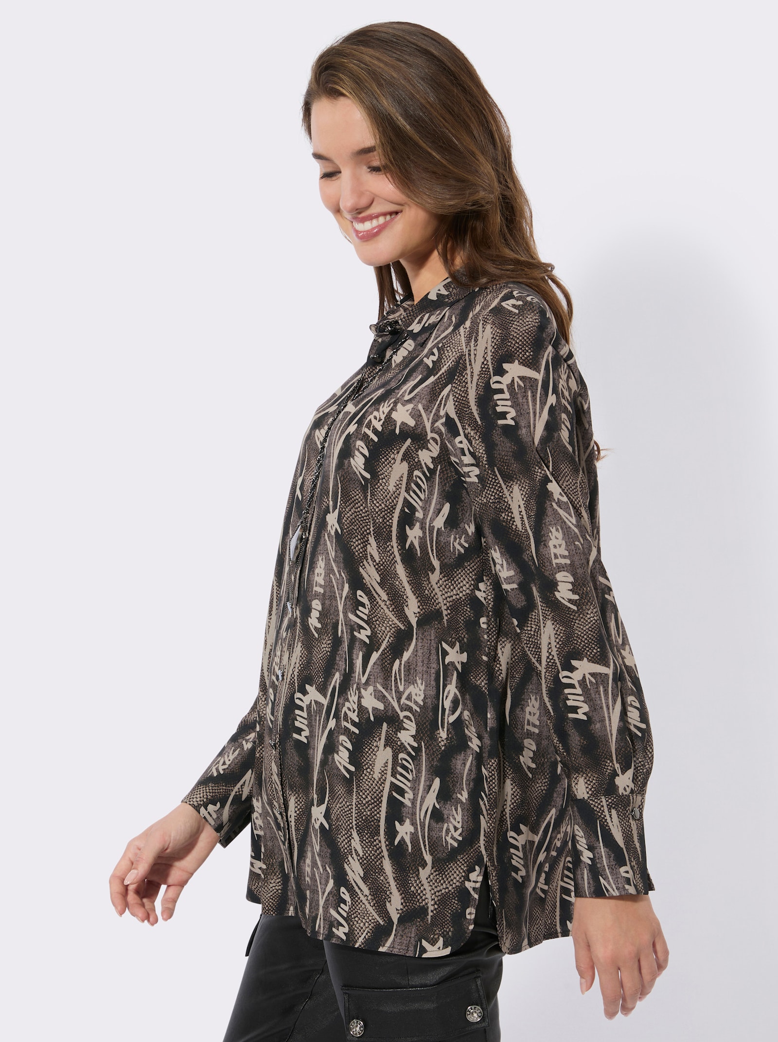 Longbluse aus reiner Viskose - dunkeltaupe-schwarz-bedruckt