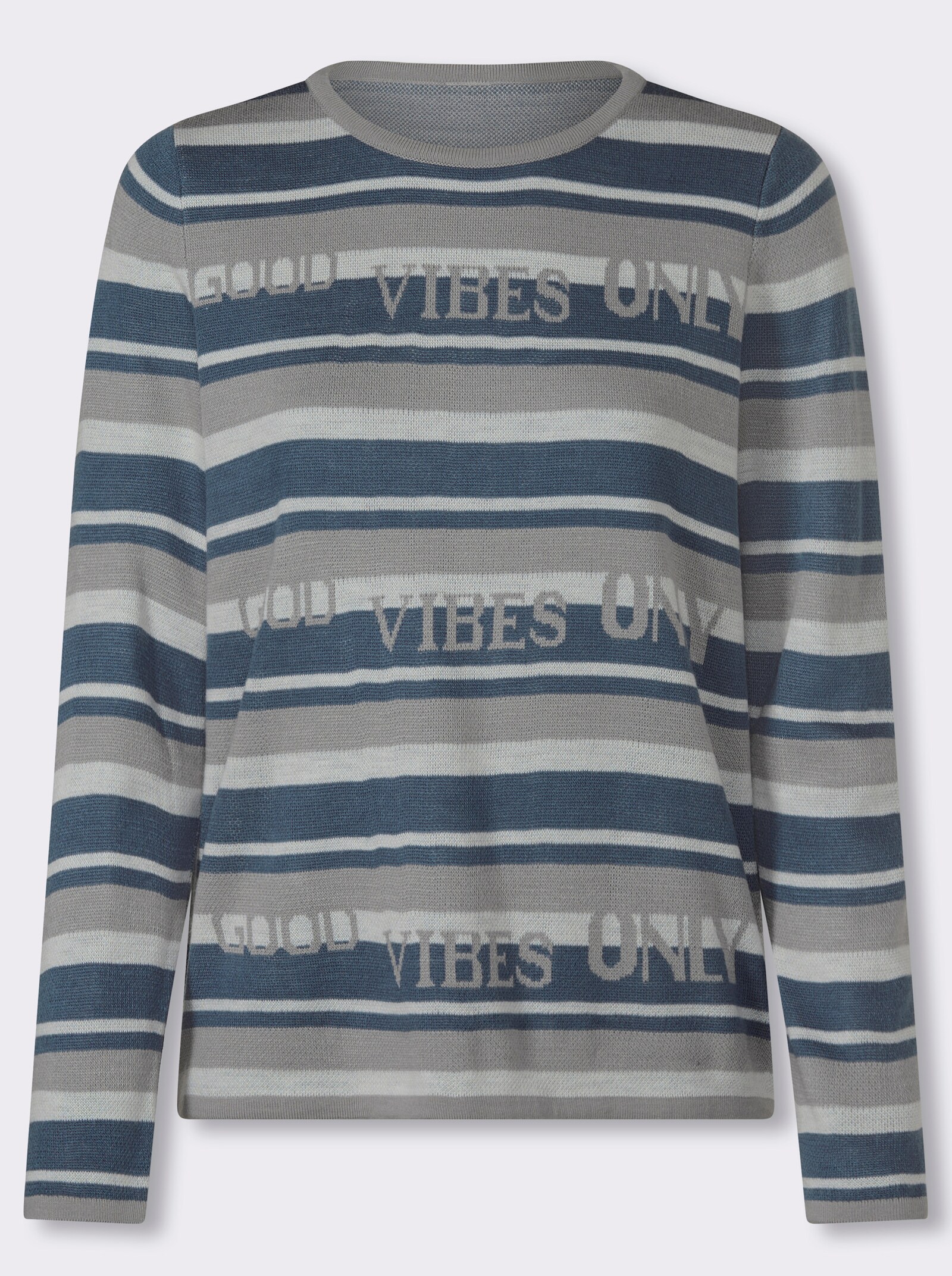 Jacquard-Pullover mit Streifen und Schriftzug - steingrau-rauchblau-gemustert