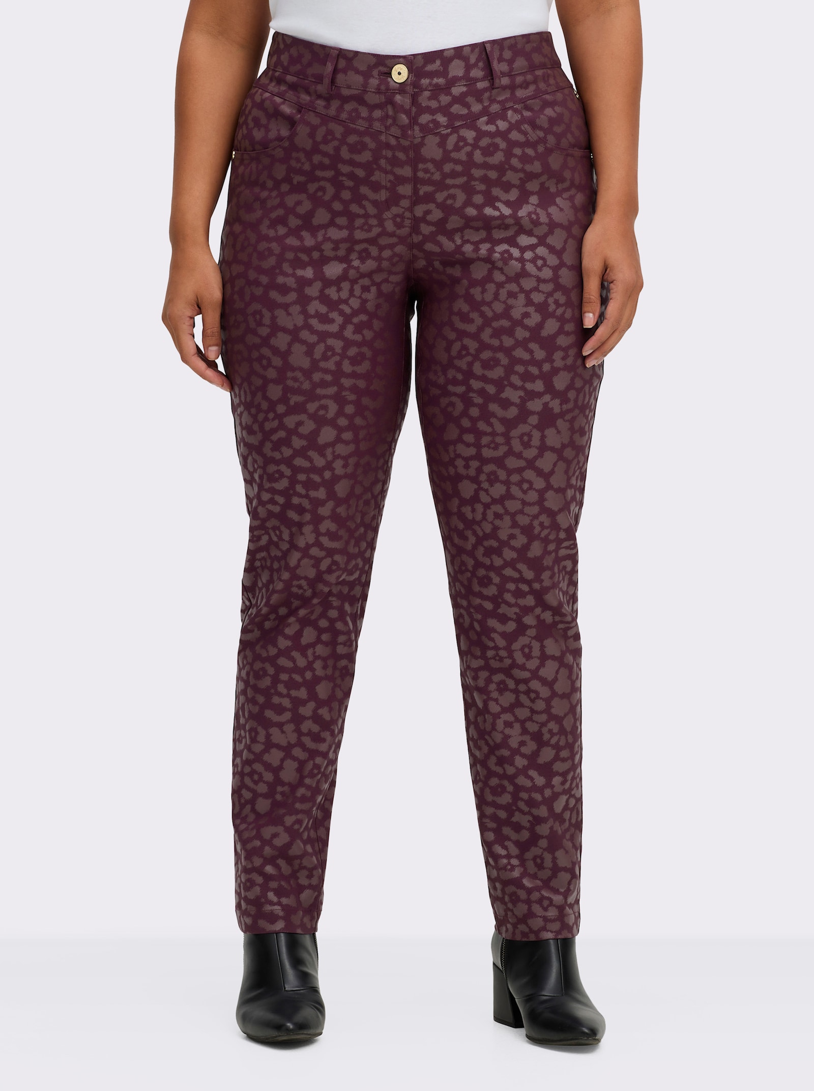 sheego Bengalinhose mit beschichtetem Leo-Print - burgund-bedruckt