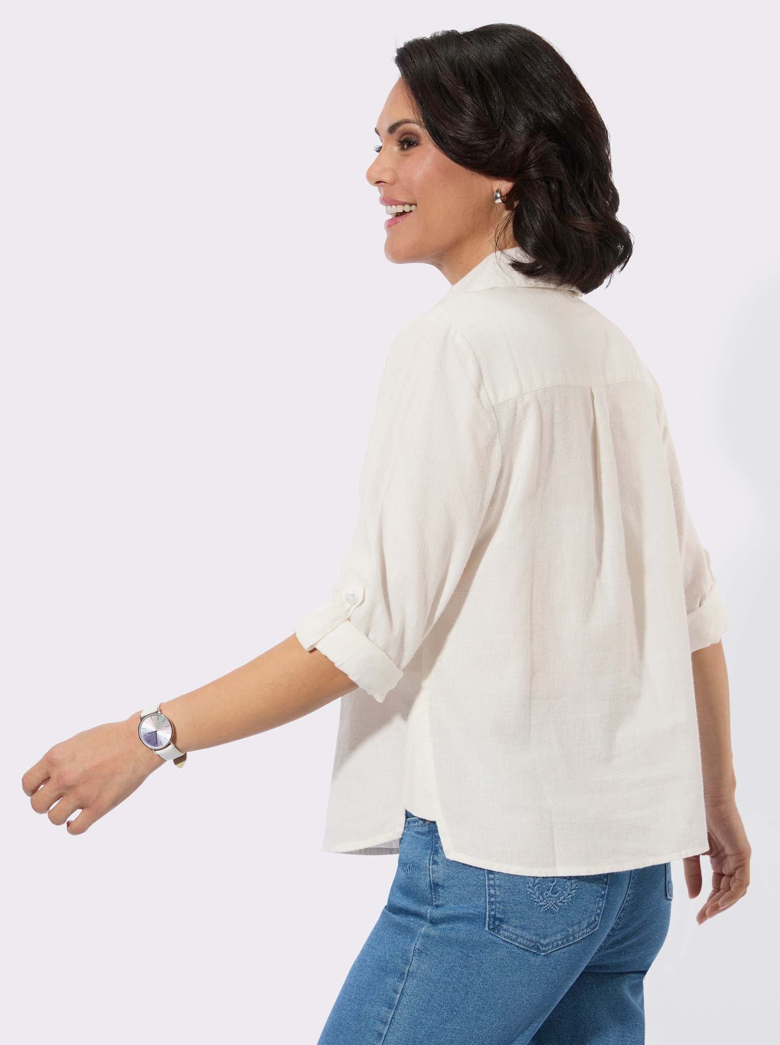 Flanellbluse mit krempelbaren Ärmeln - ecru