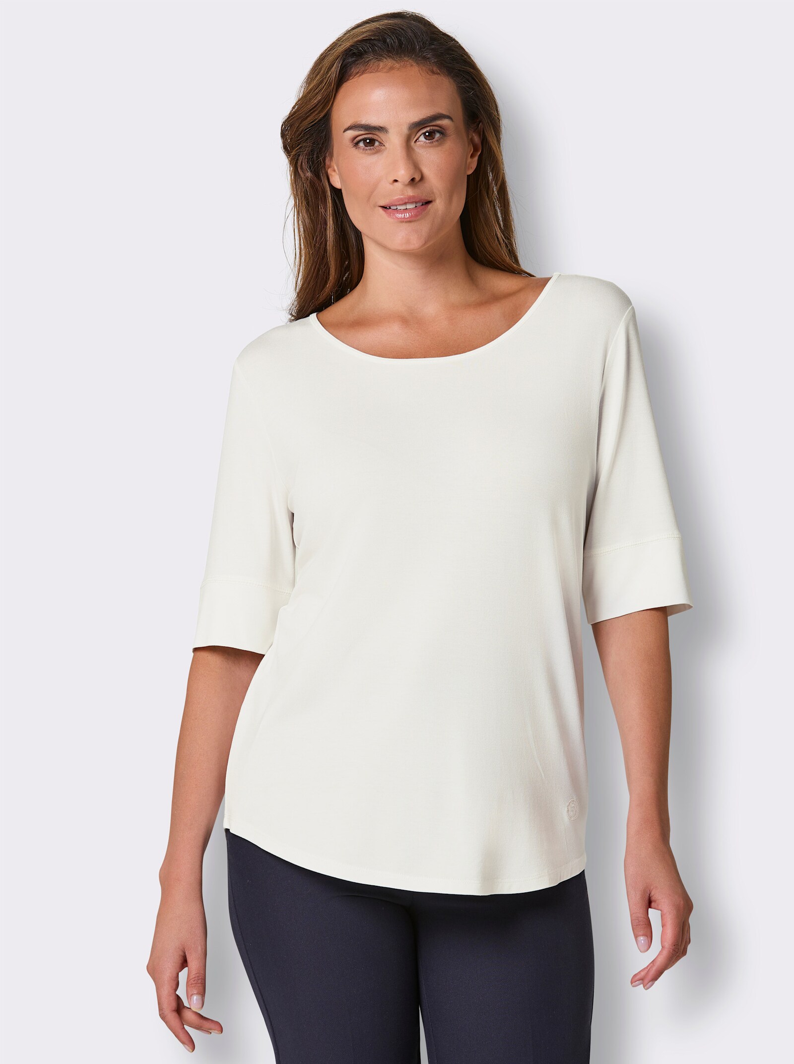 CREATION L PREMIUM Kurzarmshirt mit Logo-Stickerei - ecru