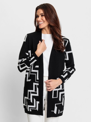 Longstrickjacke mit grafischem Jacquard-Muster - schwarz-weiß-gemustert