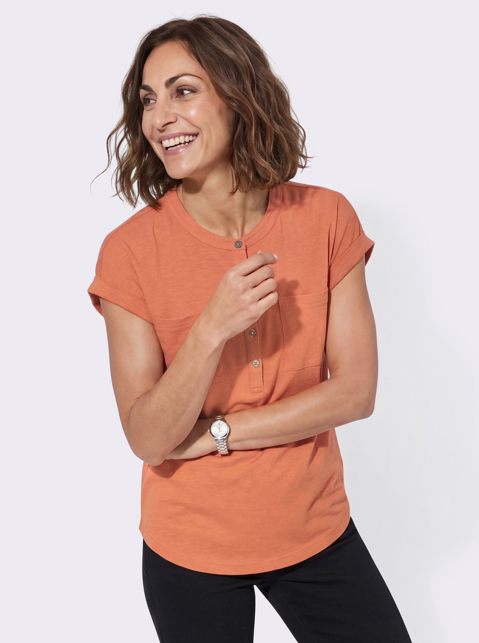Kurzarmshirt mit Ärmelaufschlägen - papaya