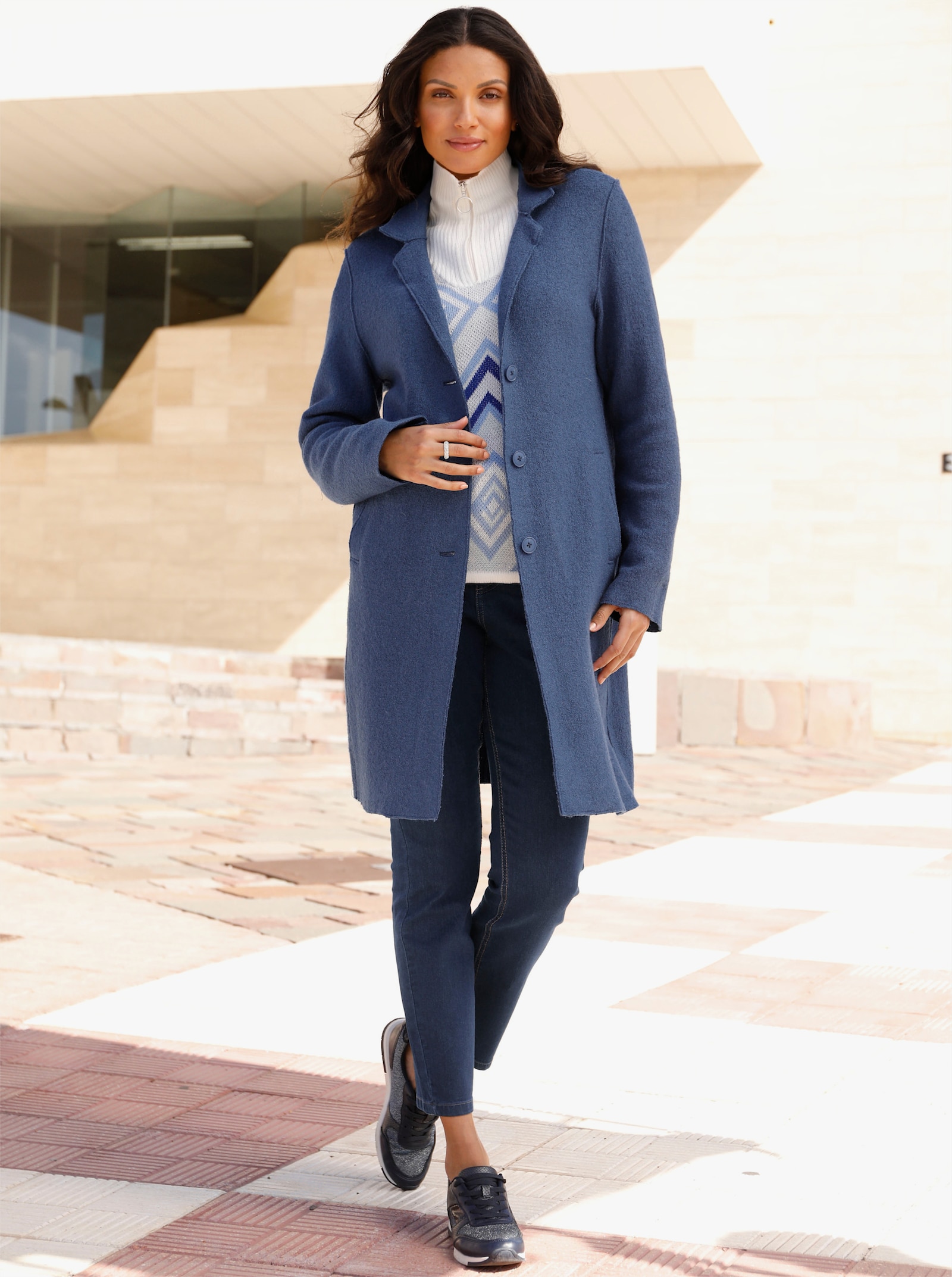 Kort kappa i viskos och ull - jeansblå