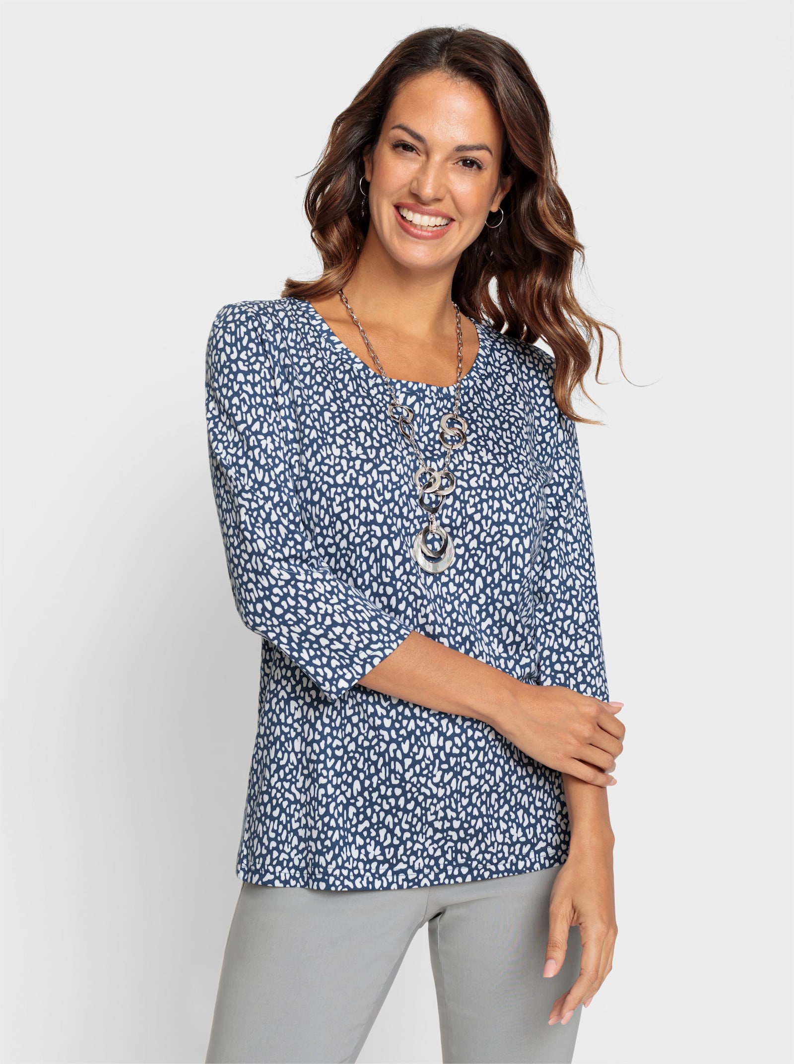 Shirt met 3/4-mouwen en minimalistische print - wit/jeansblauw bedrukt
