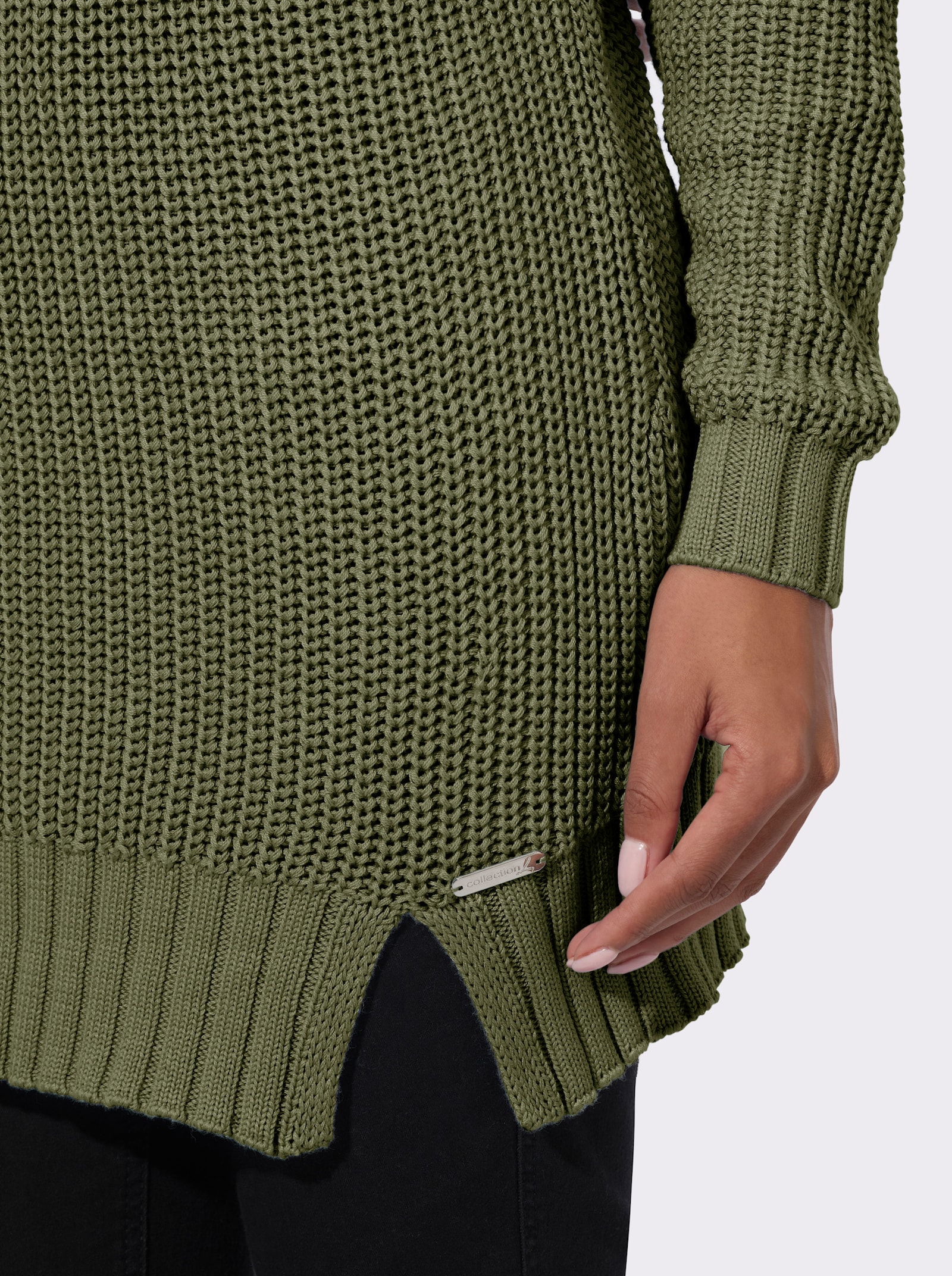 Longpullover mit Rippabschlüssen - khaki