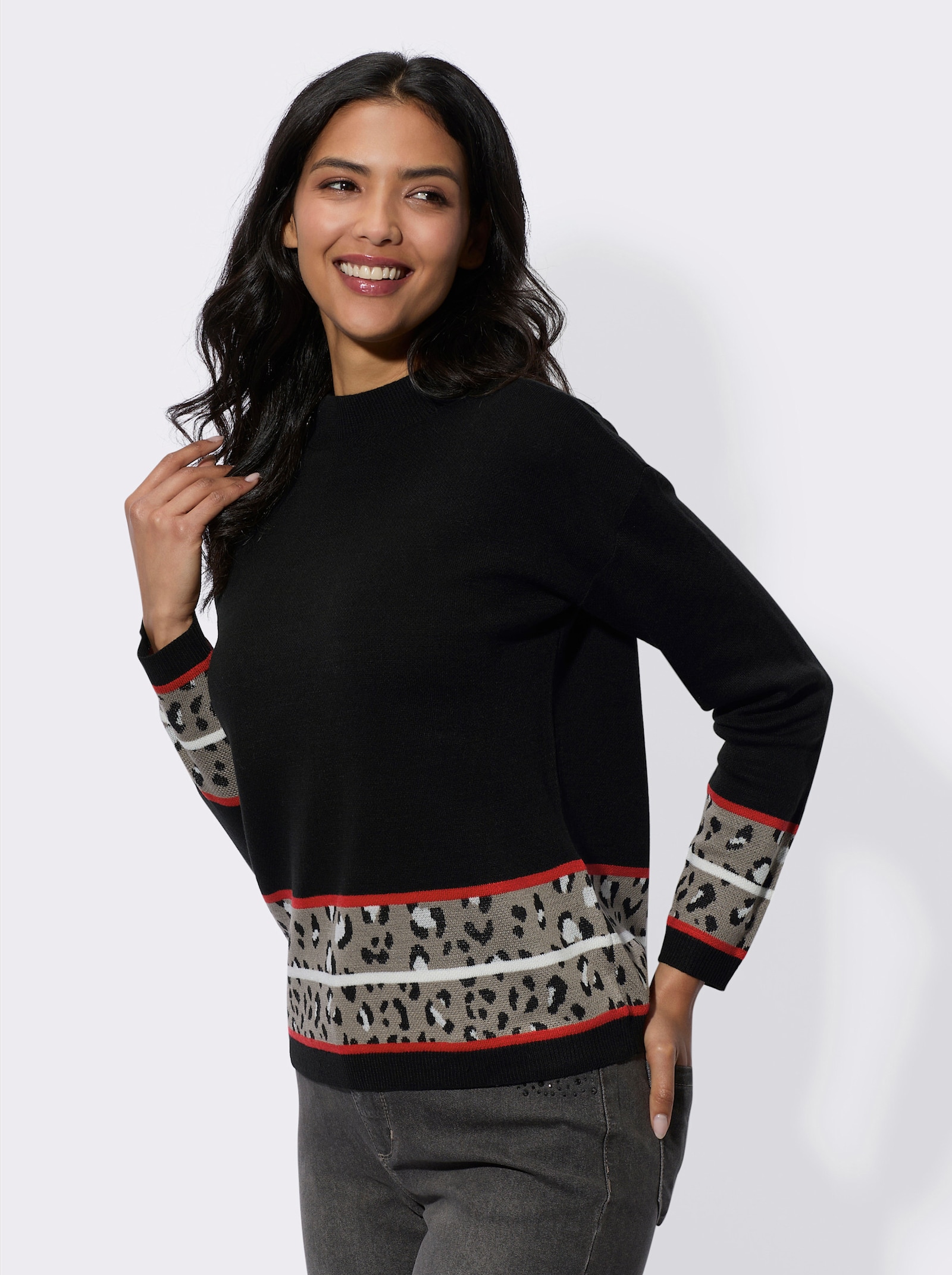 Pullover met lange mouwen en jacquardranden - zwart