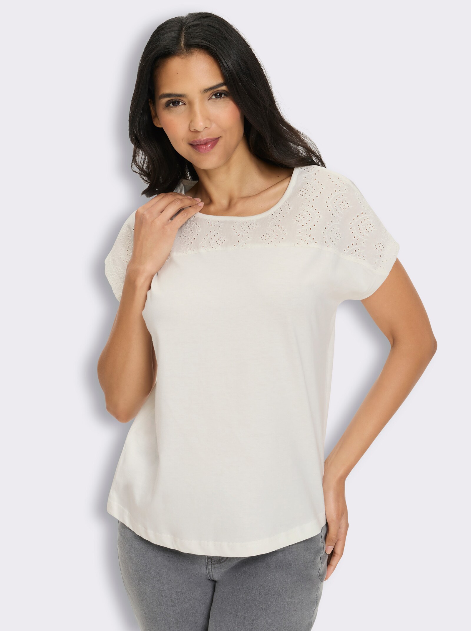 Kurzarmshirt mit Spitzen-Details, Baumwolle - ecru