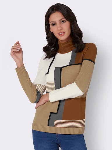 Stehkragenpullover mit Intarsien-Strick - ecru-camel-gemustert