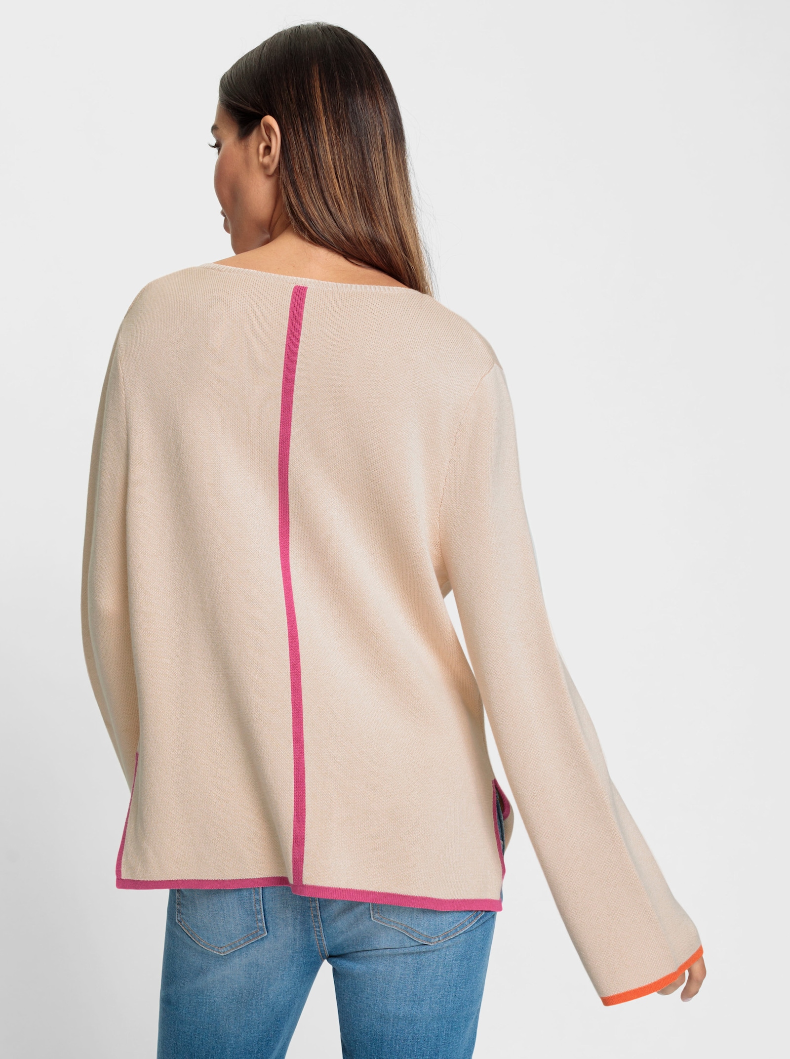 heine V-Ausschnitt-Pullover mit Streifen - elfenbein-fuchsia