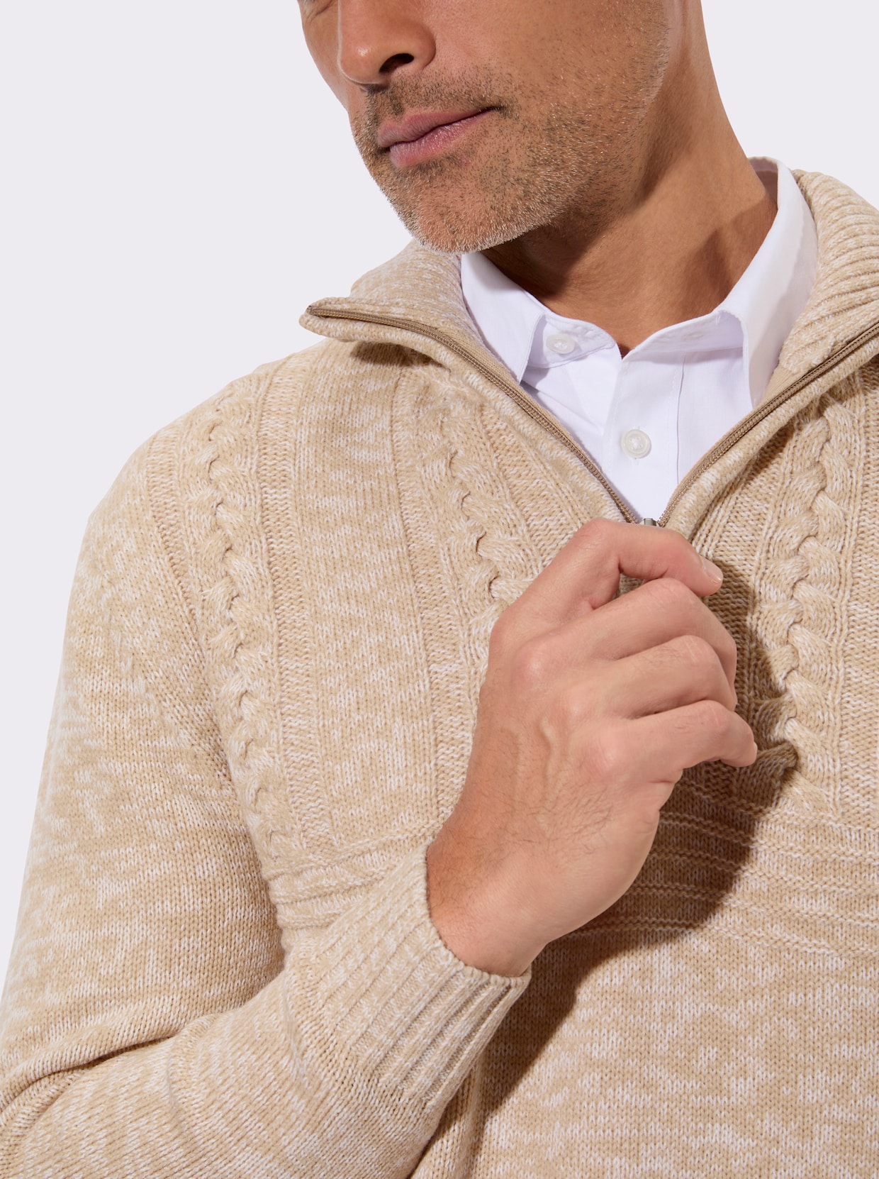 Langarm-Pullover mit platziertem Zopfmuster - beige-meliert