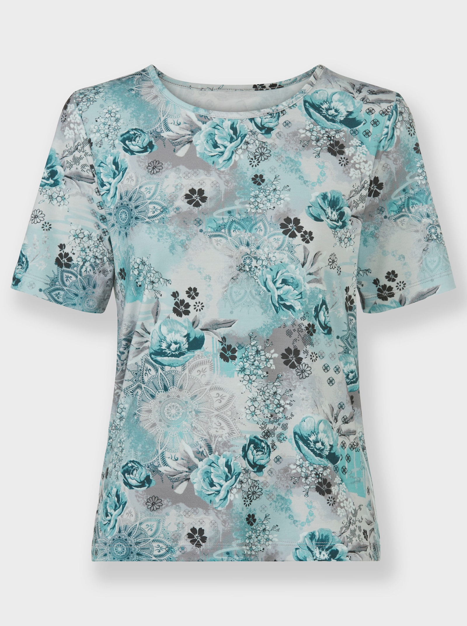  Rundhalsshirt mit floralem Muster - steingrau-salbei-bedruckt