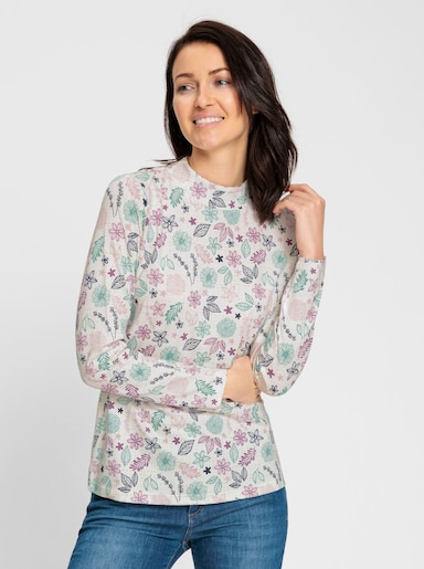 Stehkragenshirt Mit Blümchen-Dessin - ecru-mauve-bedruckt