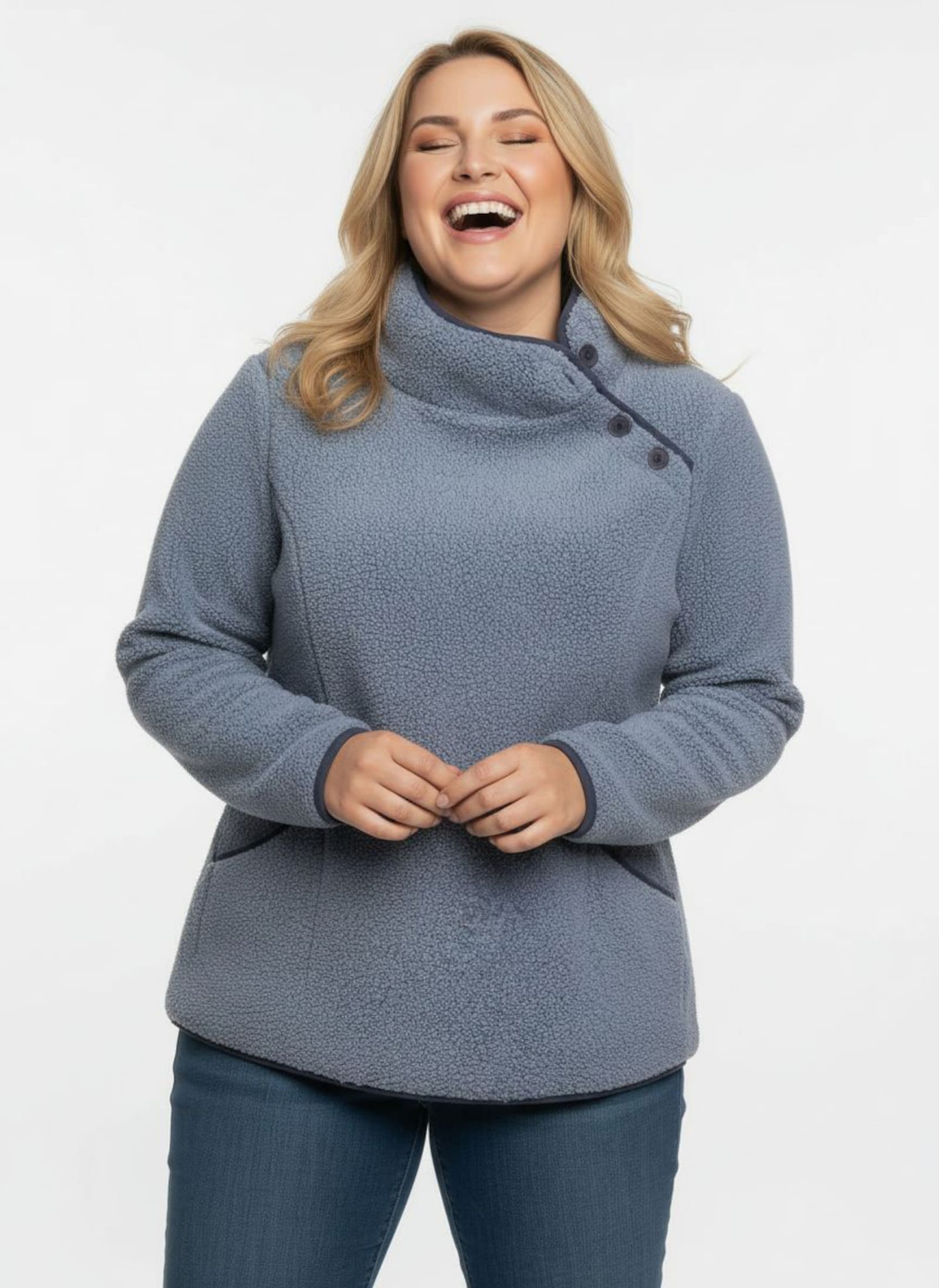 Fleeceshirt mit Kontrastpaspeln - taubenblau