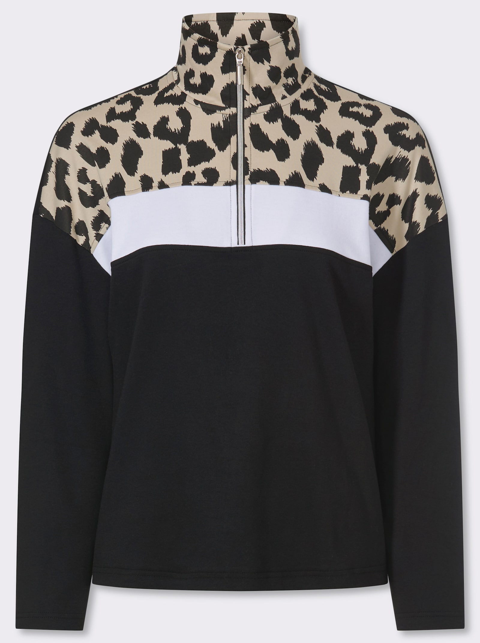 Sweatshirt mit Einsatz im Leo-Look - schwarz-sand-bedruckt