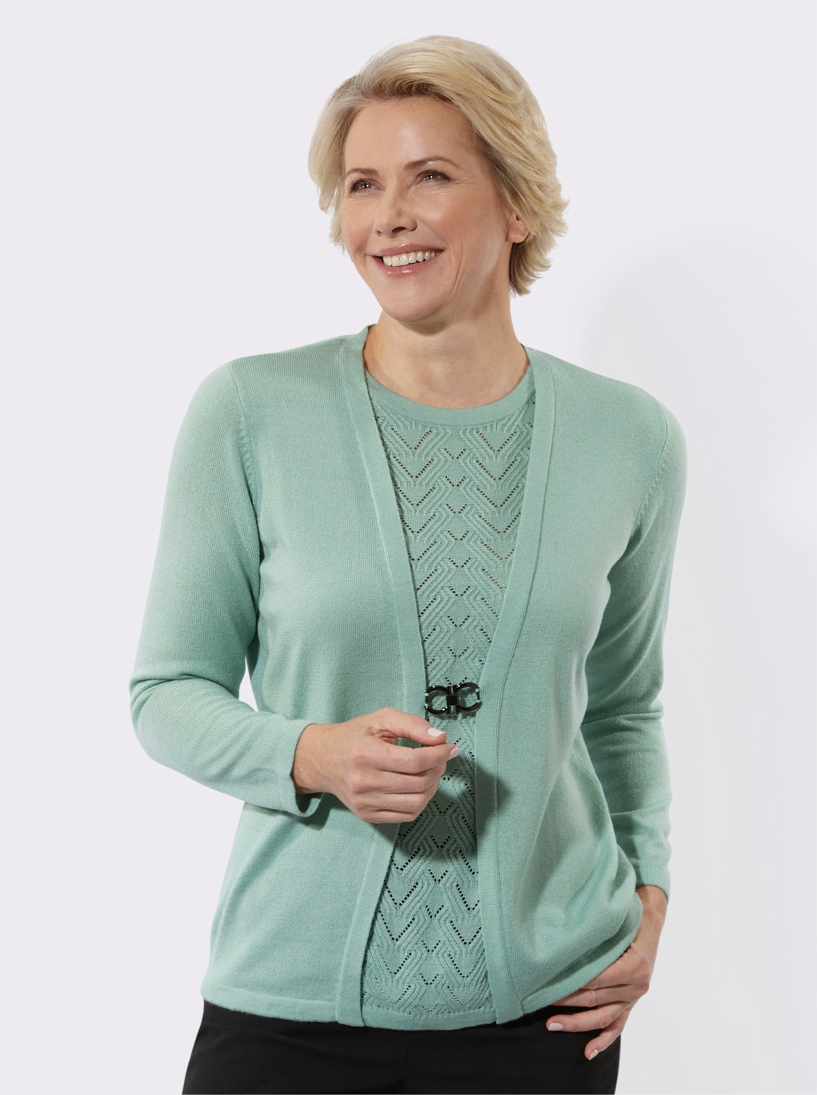 2-in-1-Pullover mit Ajourmuster - kalkmint