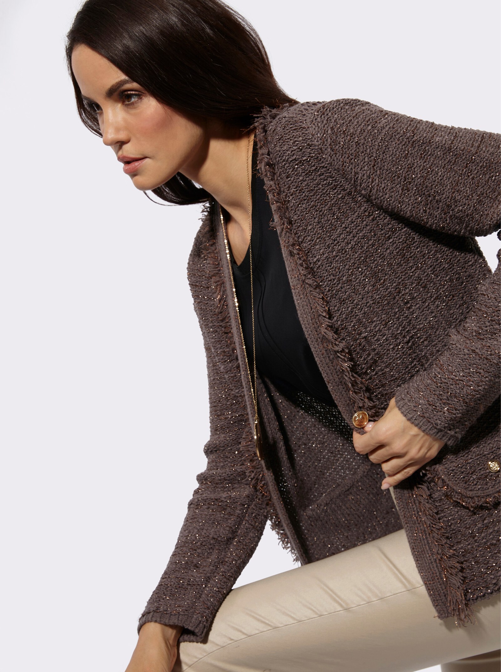 Cardigan mit Fransen - dunkeltaupe
