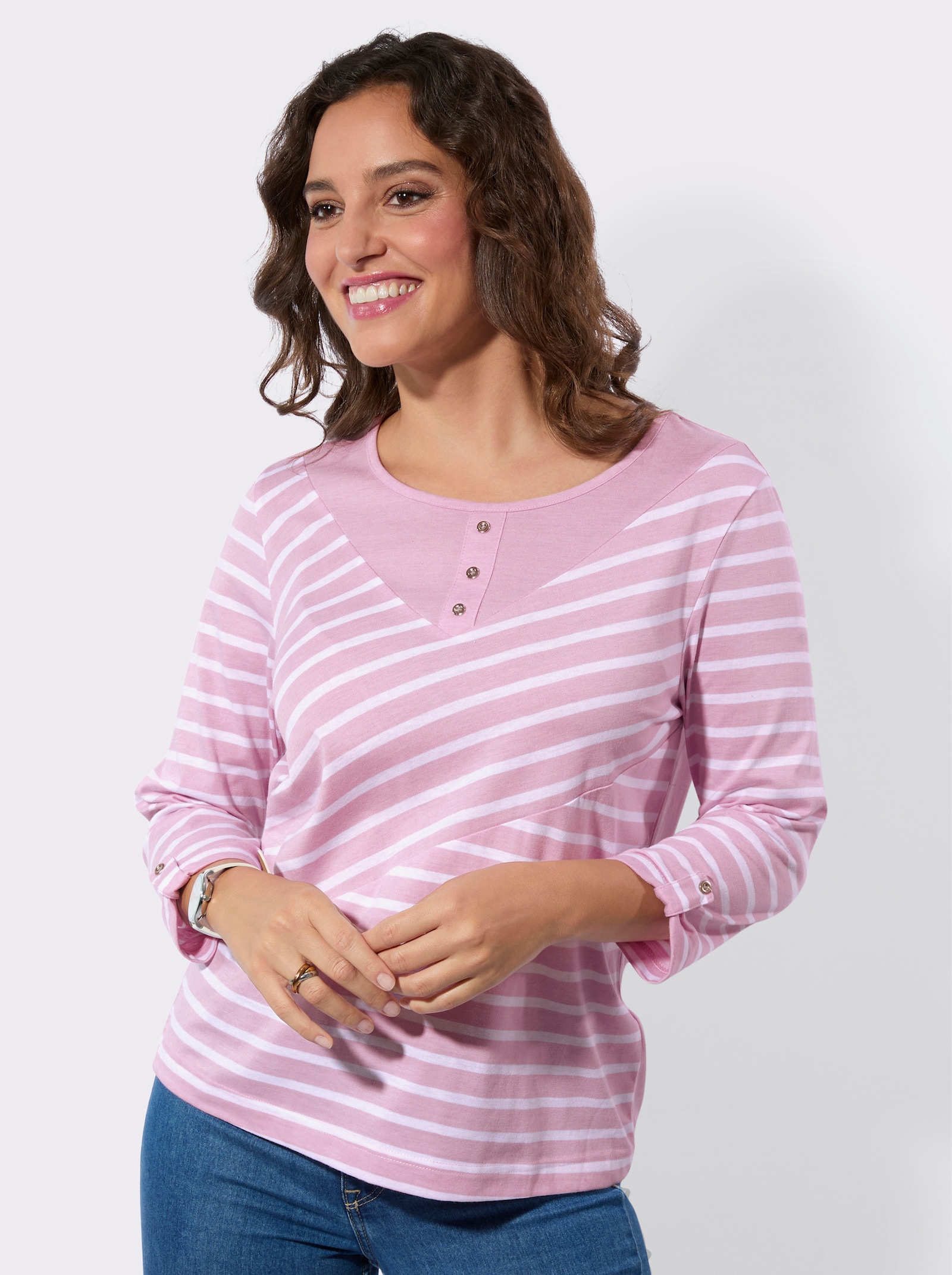 Ringelshirt mit Zierknöpfen - rosé-ecru-gemustert