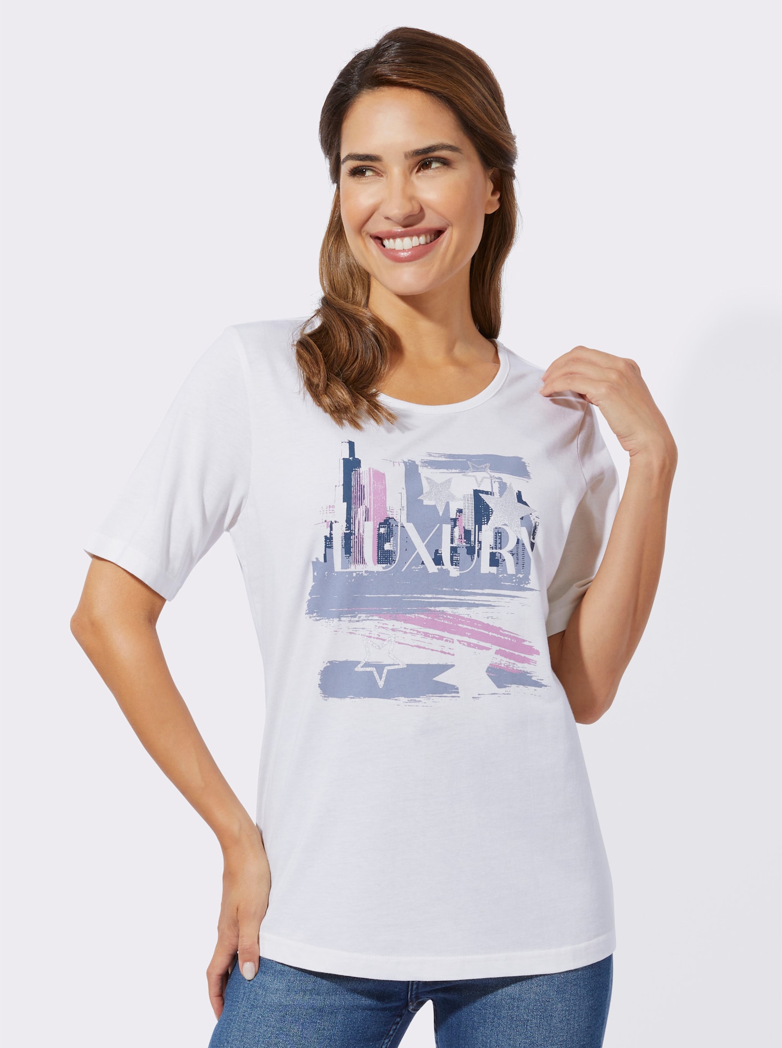 Shirt met korte mouwen en folieprint - ecru/jeansblauw