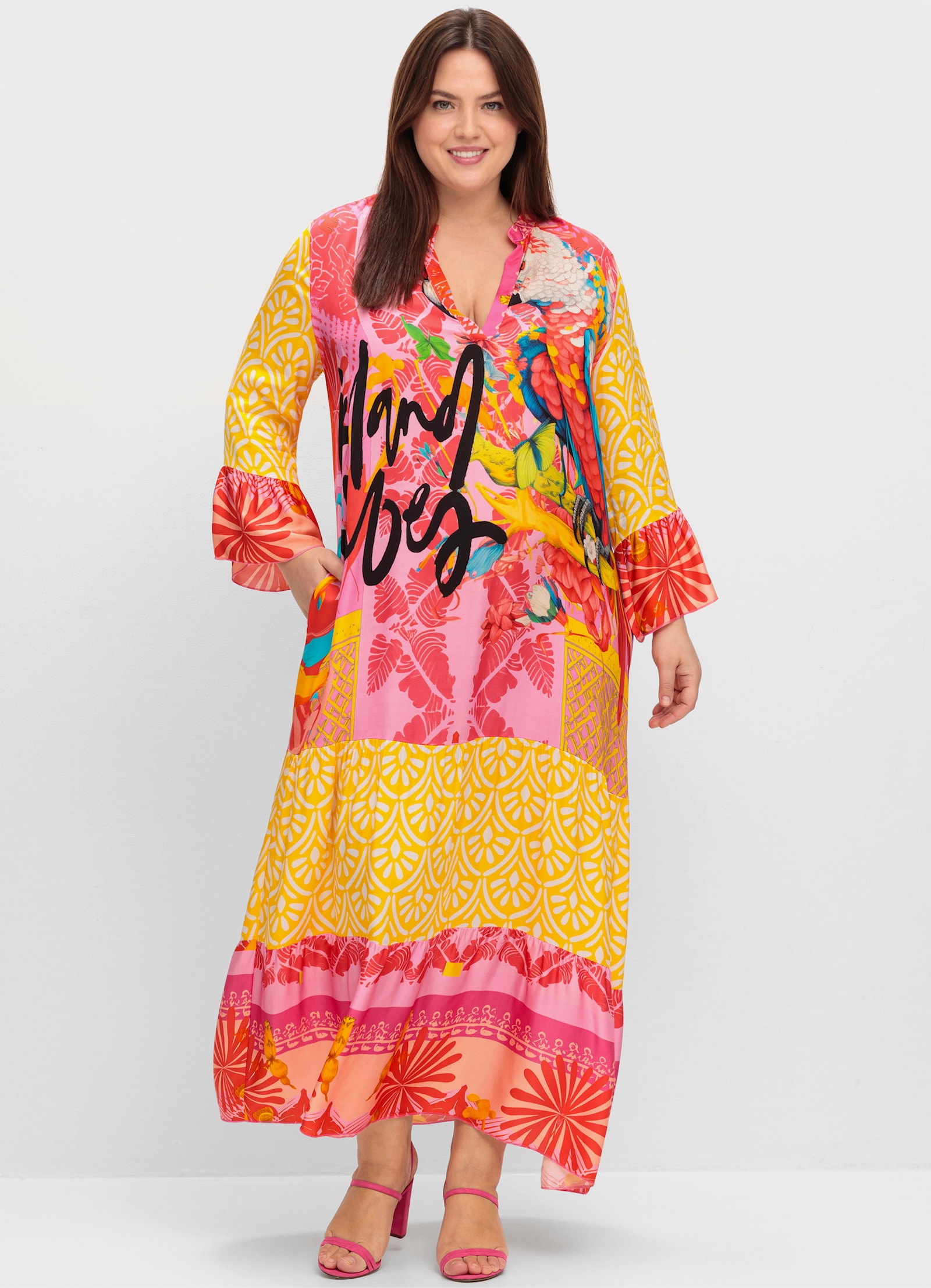 sheego loves miss goodlife Maxikleid im Mustermix, mit Volants - pink gemustert