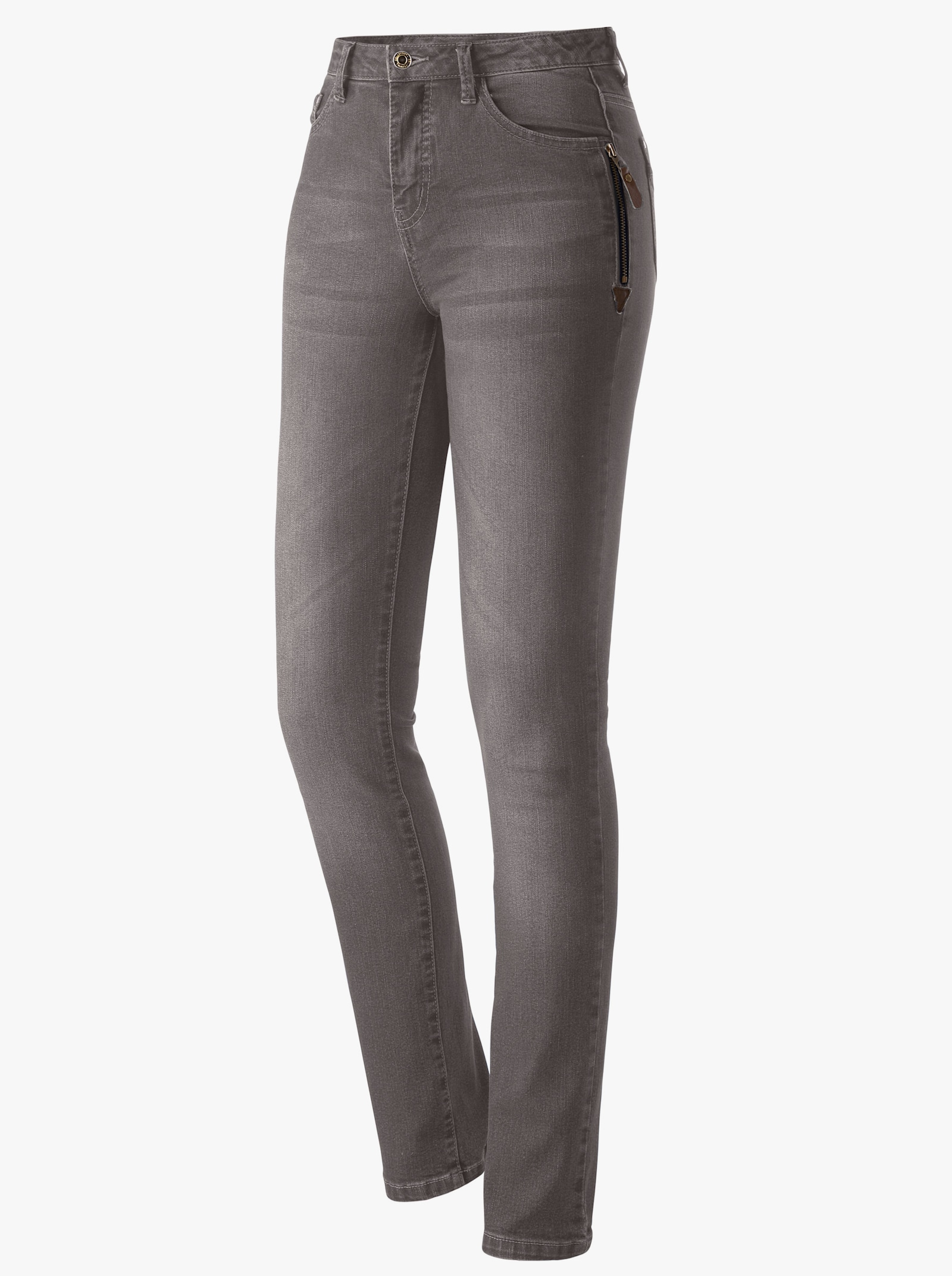 5-pocketjeans met ritssluiting en hanger van imitatieleer - taupe/denim