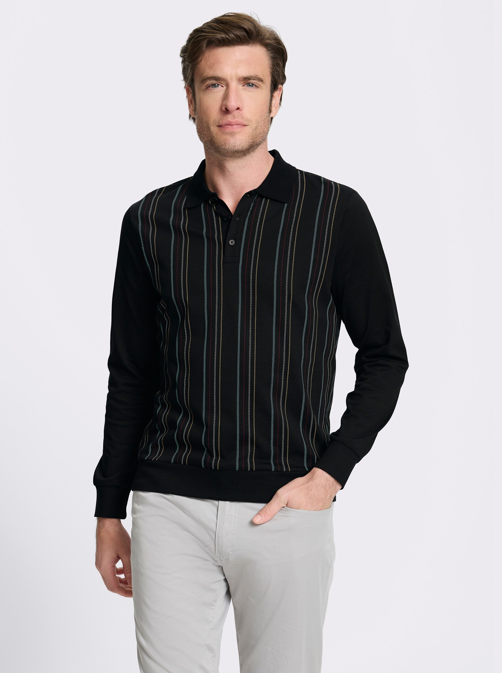 Marco Donati Langarm-Poloshirt mit Knopfleiste - schwarz-gestreift