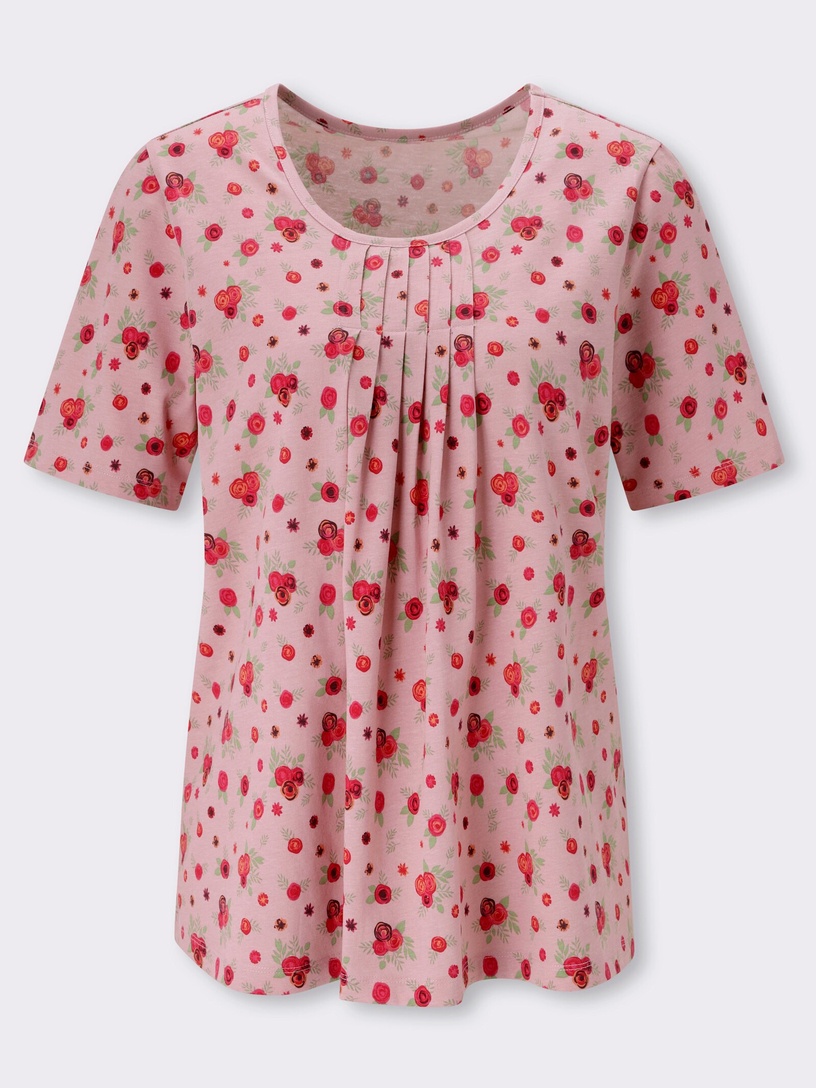 Kurzarmshirt mit Falten am Ausschnitt - hortensie-rot-bedruckt