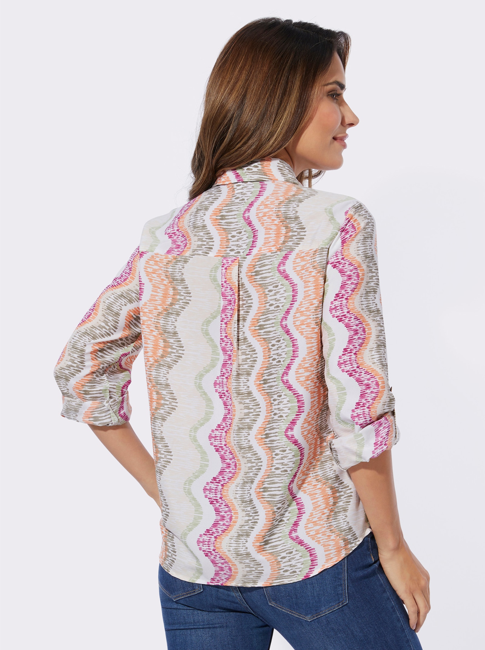 Schlupfbluse in Crêpe-Qualität - ecru-khaki-bedruckt