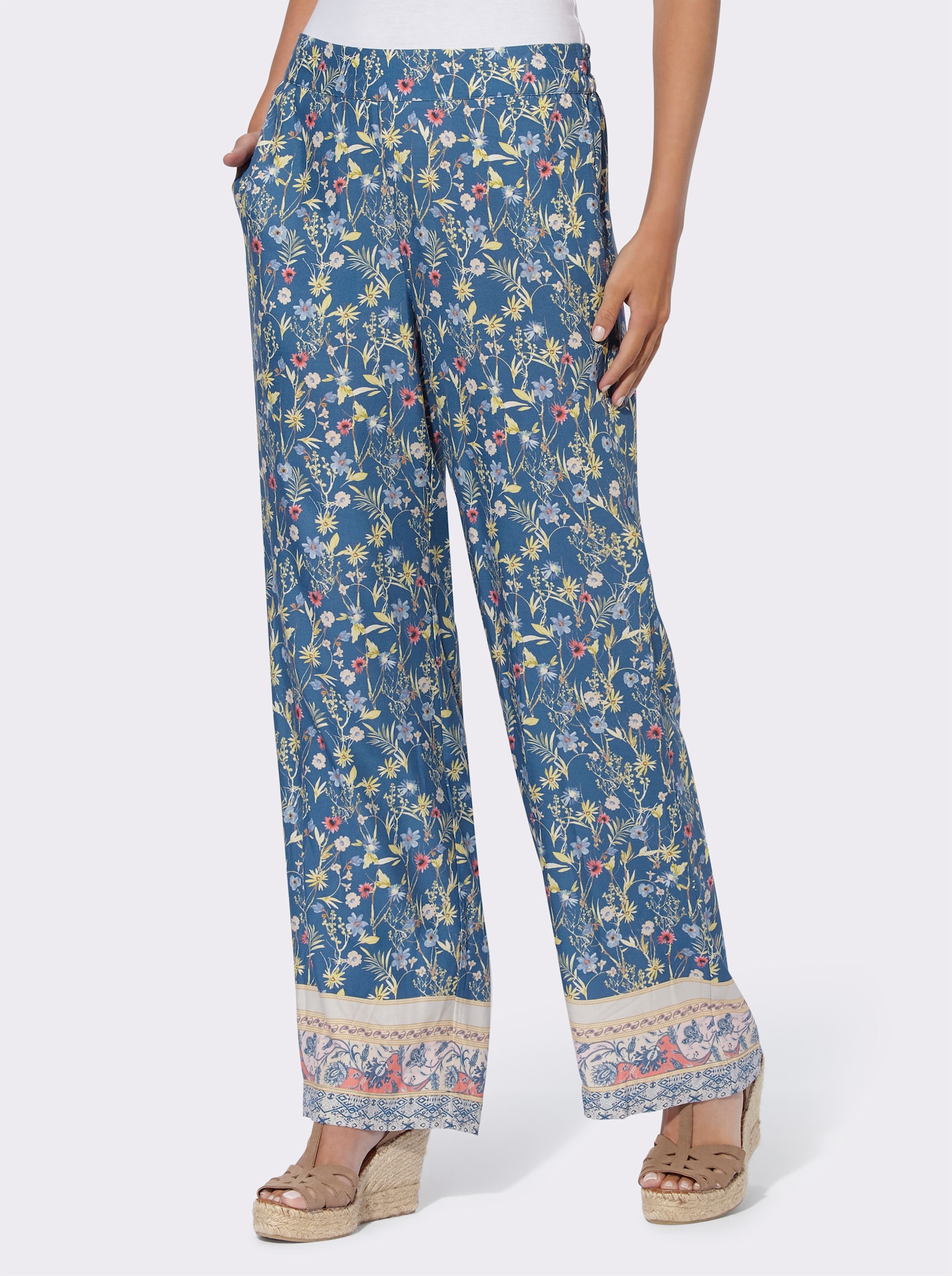 heine Palazzohose mit Floral-Print - jeansblau-zitrone-bedruckt