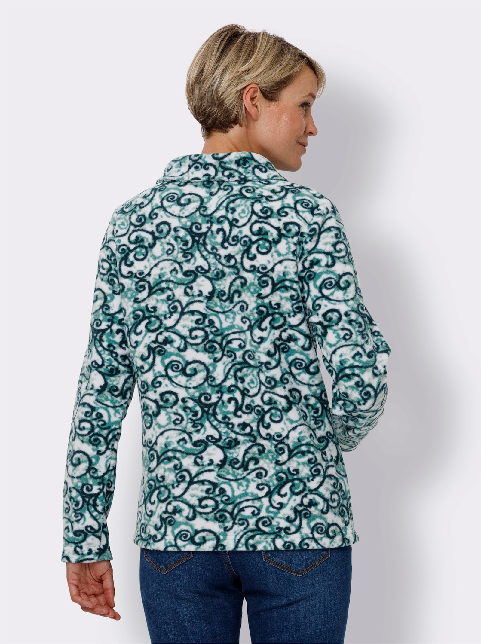 Fleecetröja m. nedvikt krage - salvia-petrol-med tryck