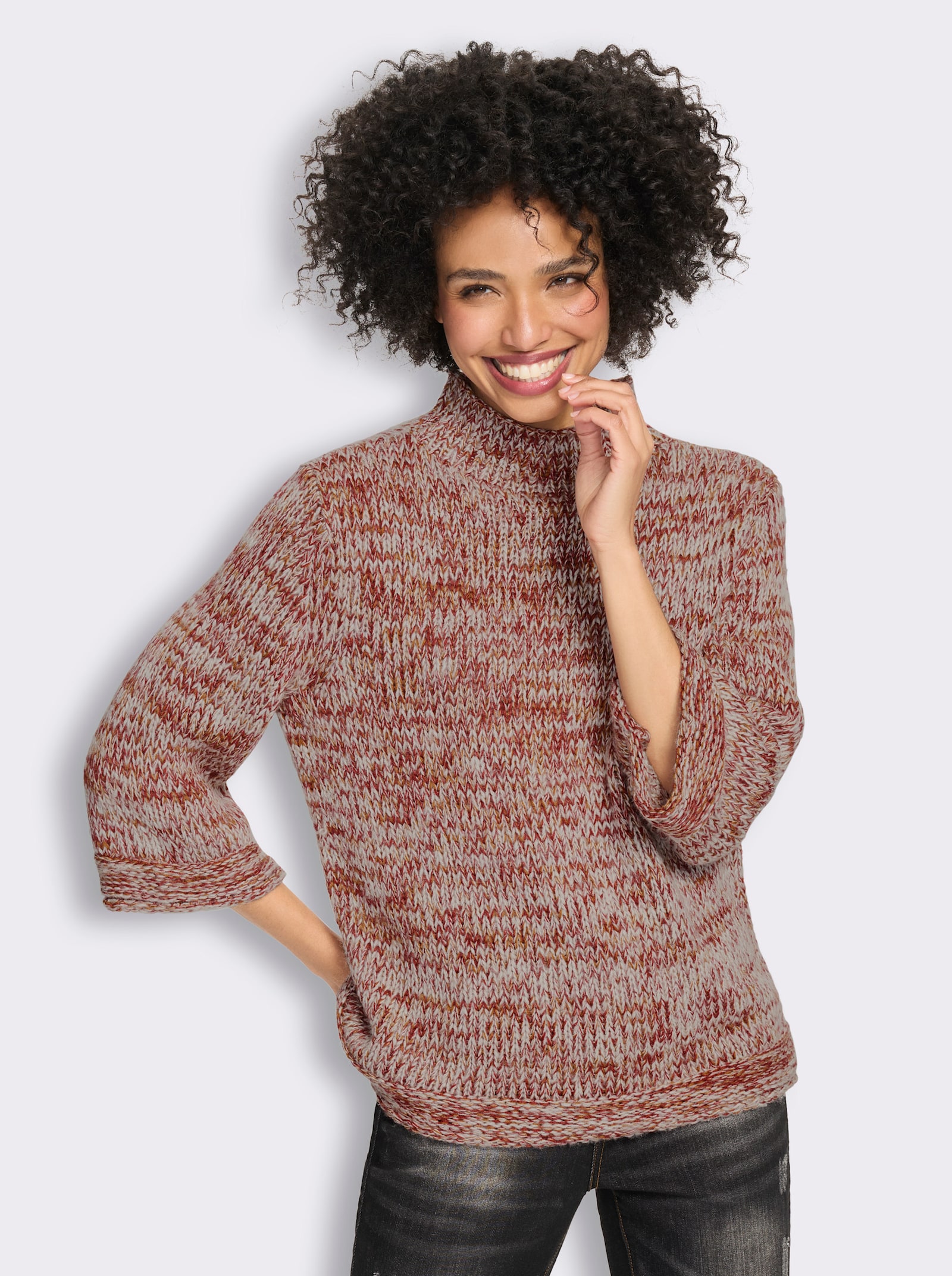 heine Kurzarmpullover mit Rollkanten - dunkelrot-cognac-gemustert