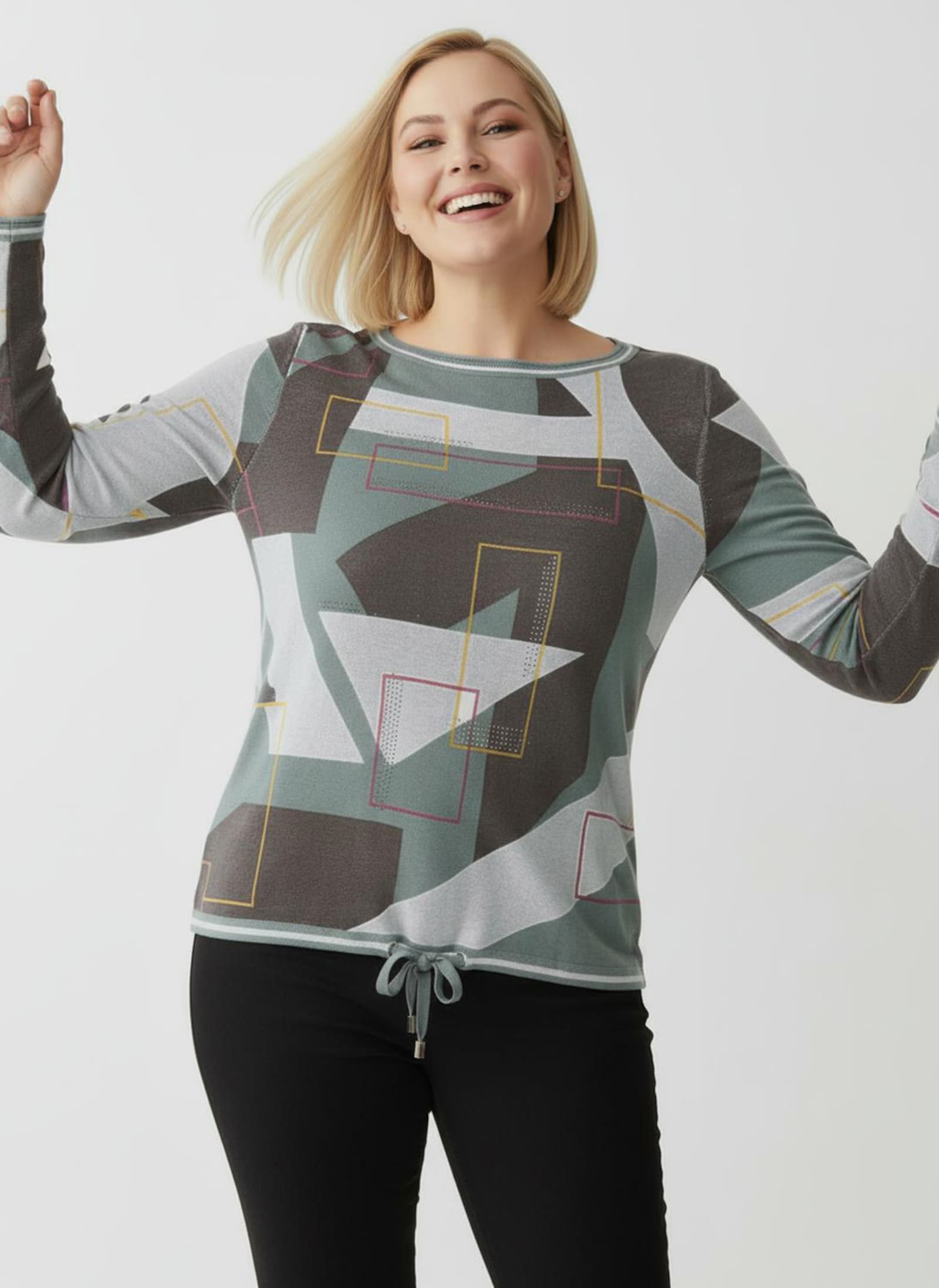 Pullover mit Bindeband am Saum - ecru-graphit-gemustert