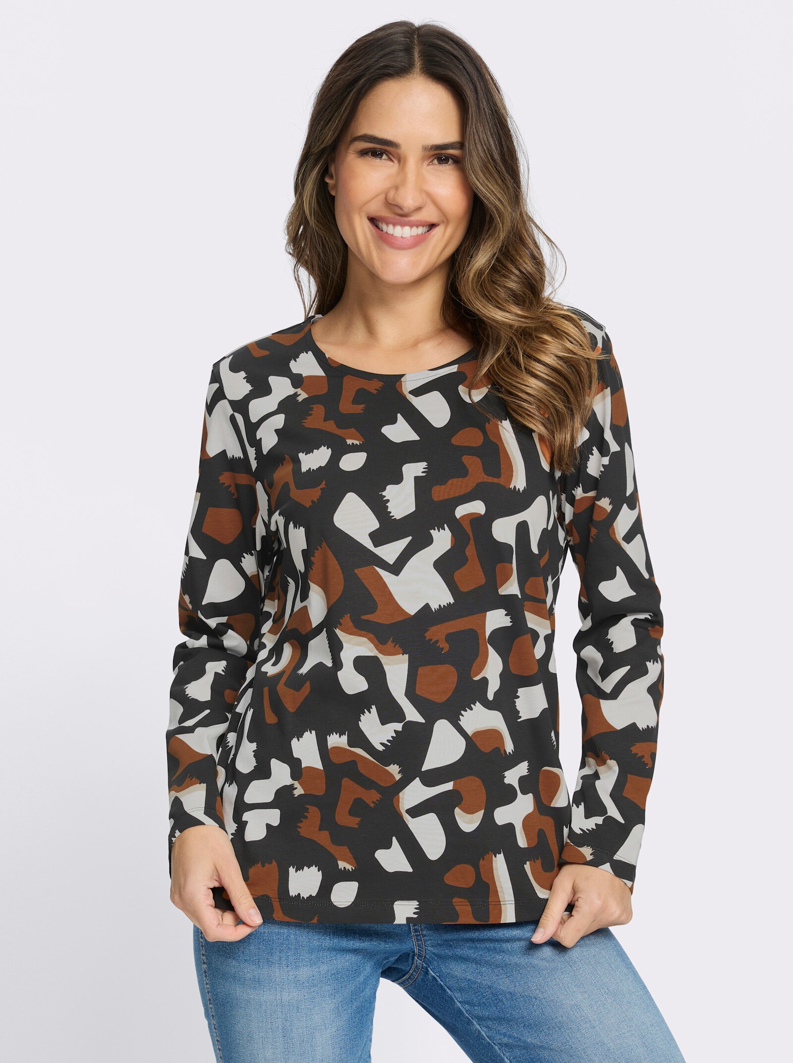 Langarmshirt mit grafischem Druck - schwarz-cognac-bedruckt