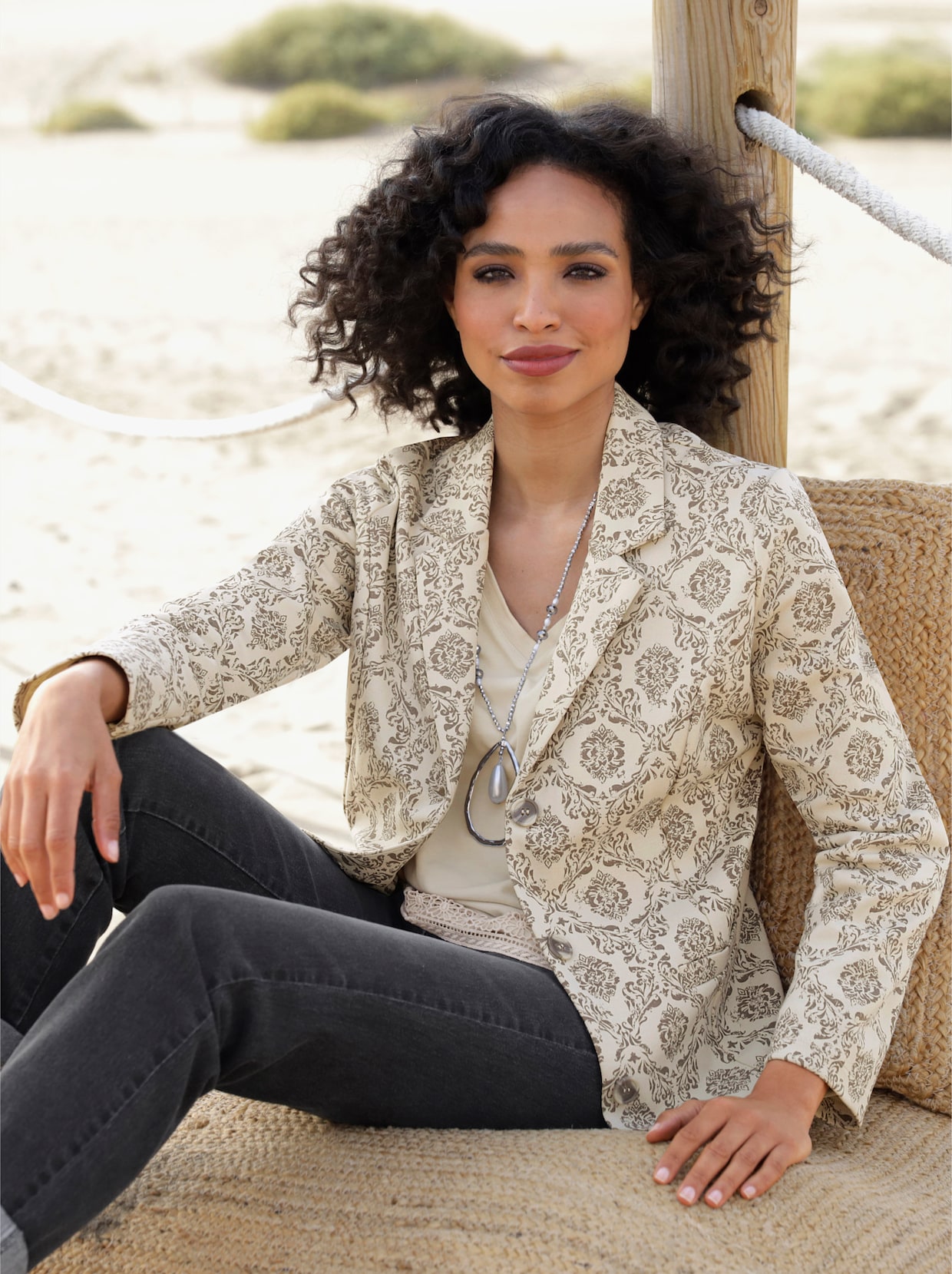 heine Jersey blazer - zand/donkertaupe bedrukt