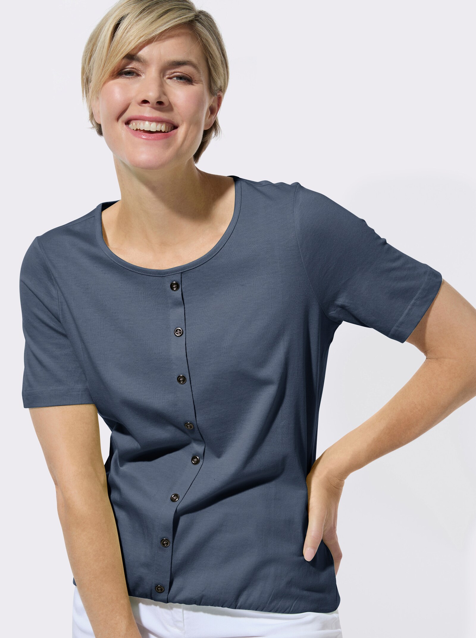 Kurzarmshirt mit Zierknöpfen - dunkelblau