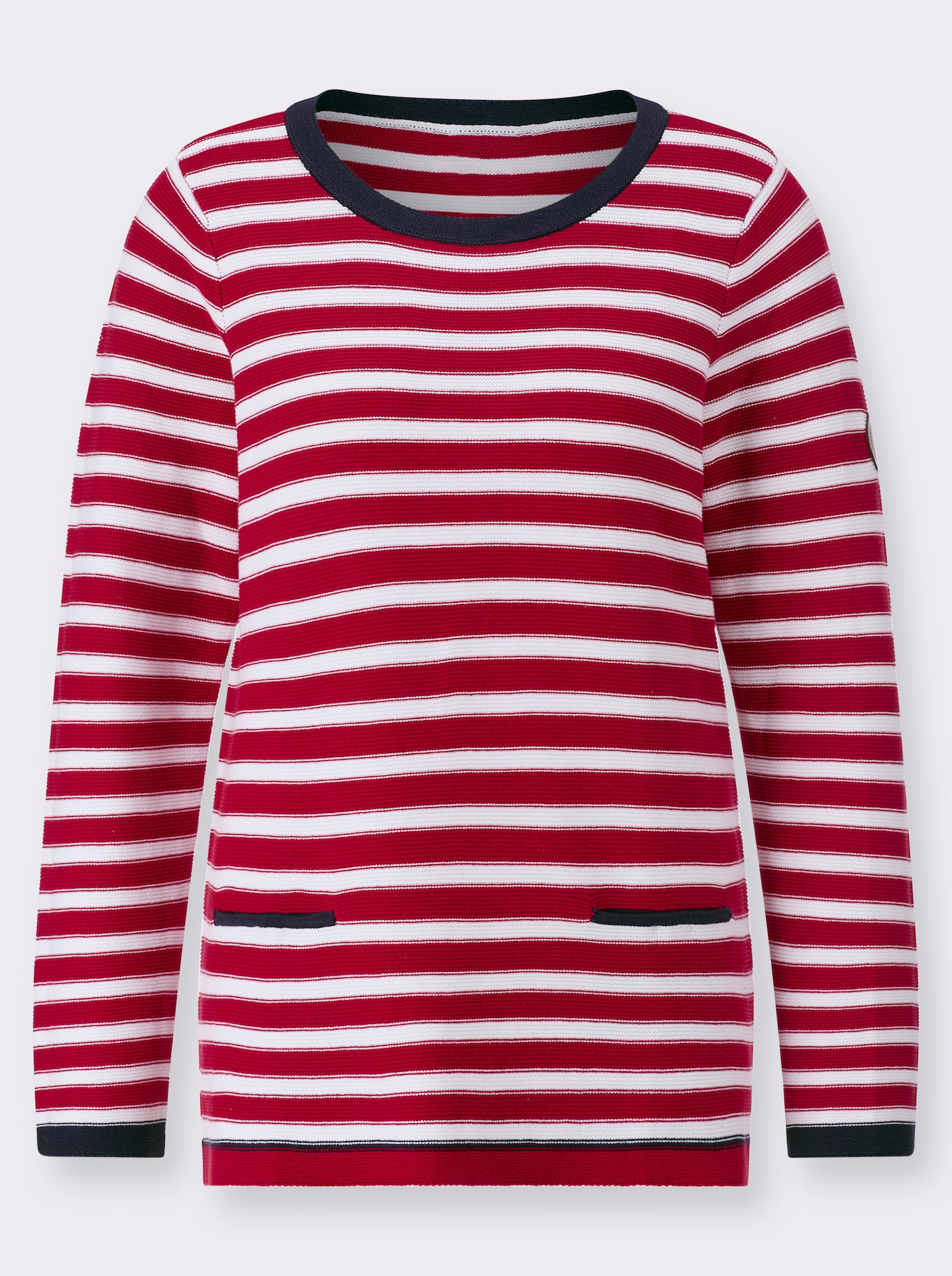 Svetr s kontrastními detaily, proužkovaný - červená-bílá-proužek