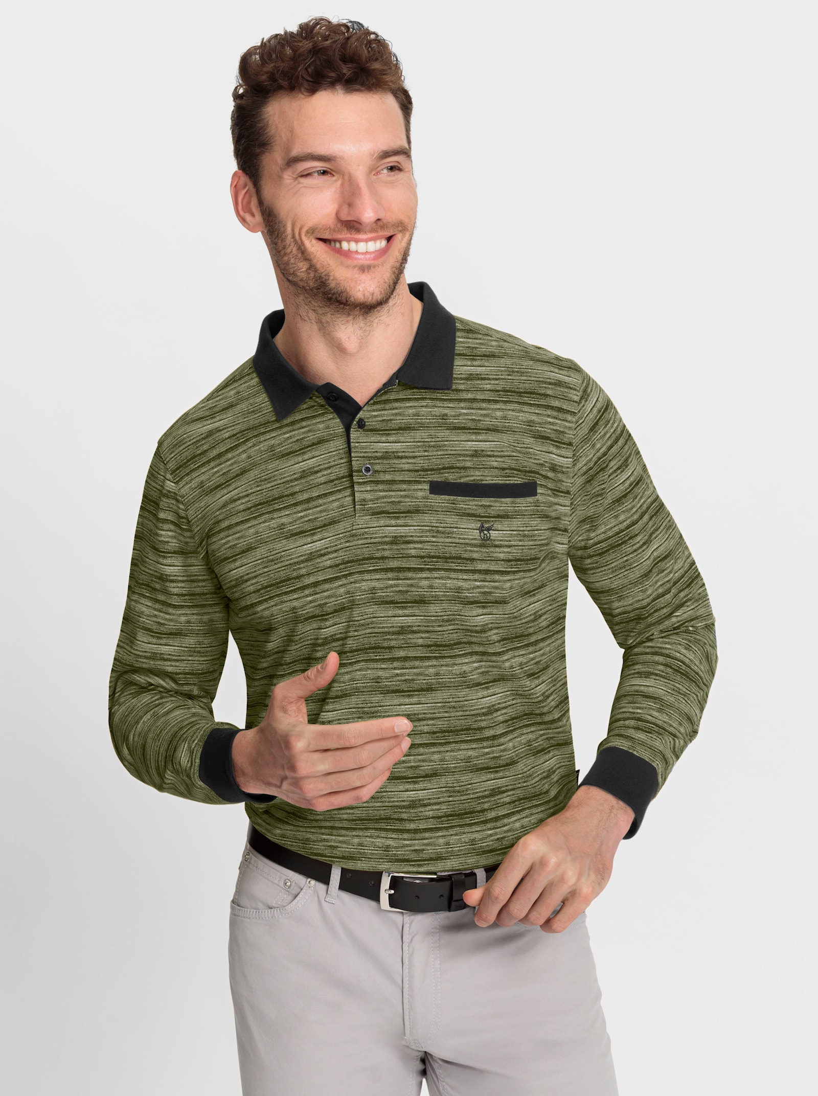 Hajo Langarm-Poloshirt , temperaturausgleichend und bügelfrei - oliv-meliert
