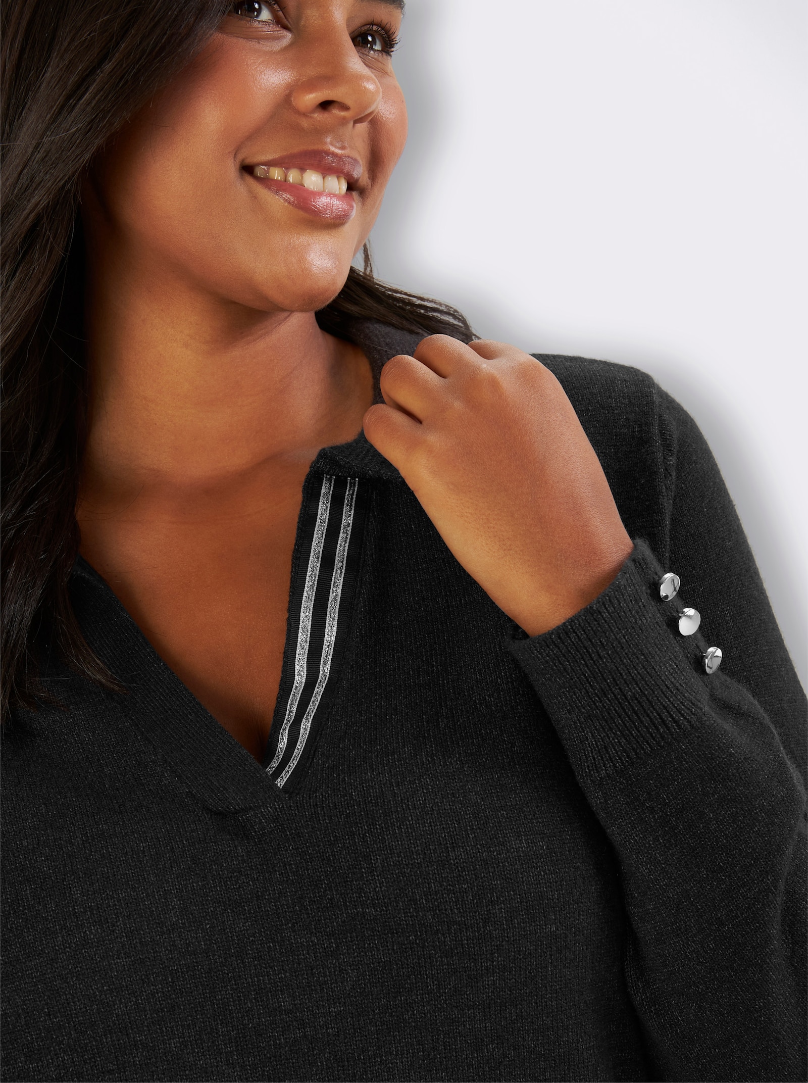 sheego Polopullover mit Seitenschlitzen - schwarz-anthrazit-meliert