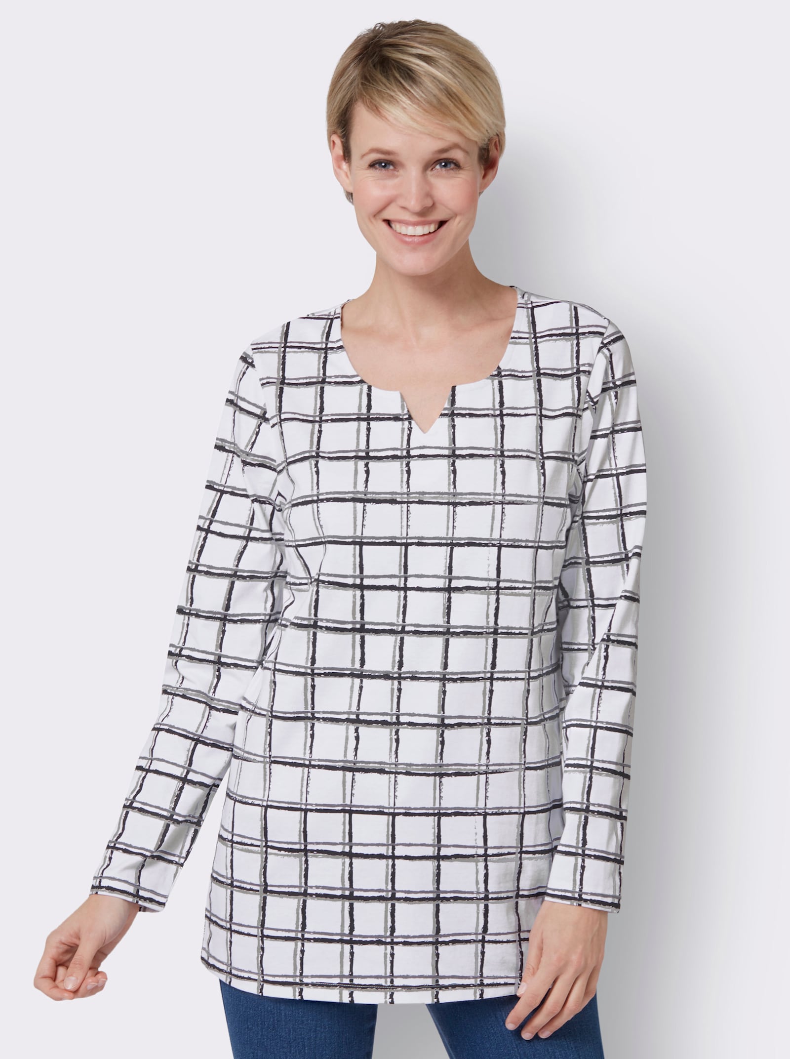 Longshirt im Karo-Muster - ecru-schwarz-kariert