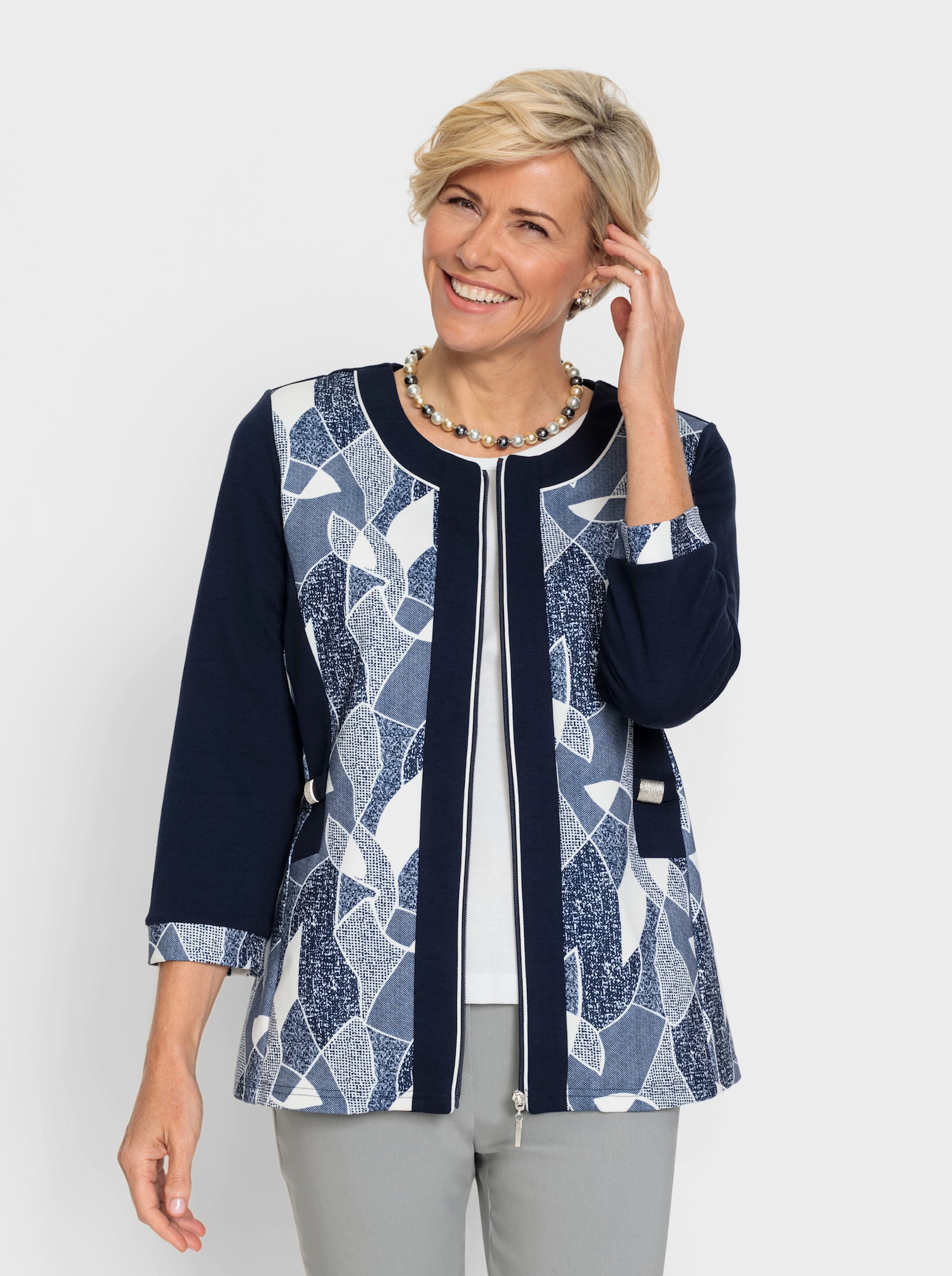 Shirtjasje met contrastinzetten - marine/ecru geprint