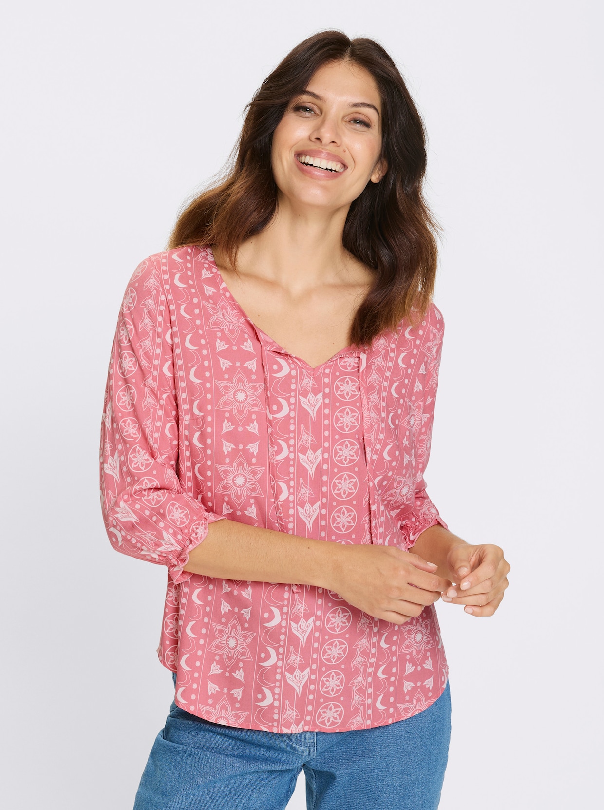 Schlupfbluse - flamingo-ecru-bedruckt