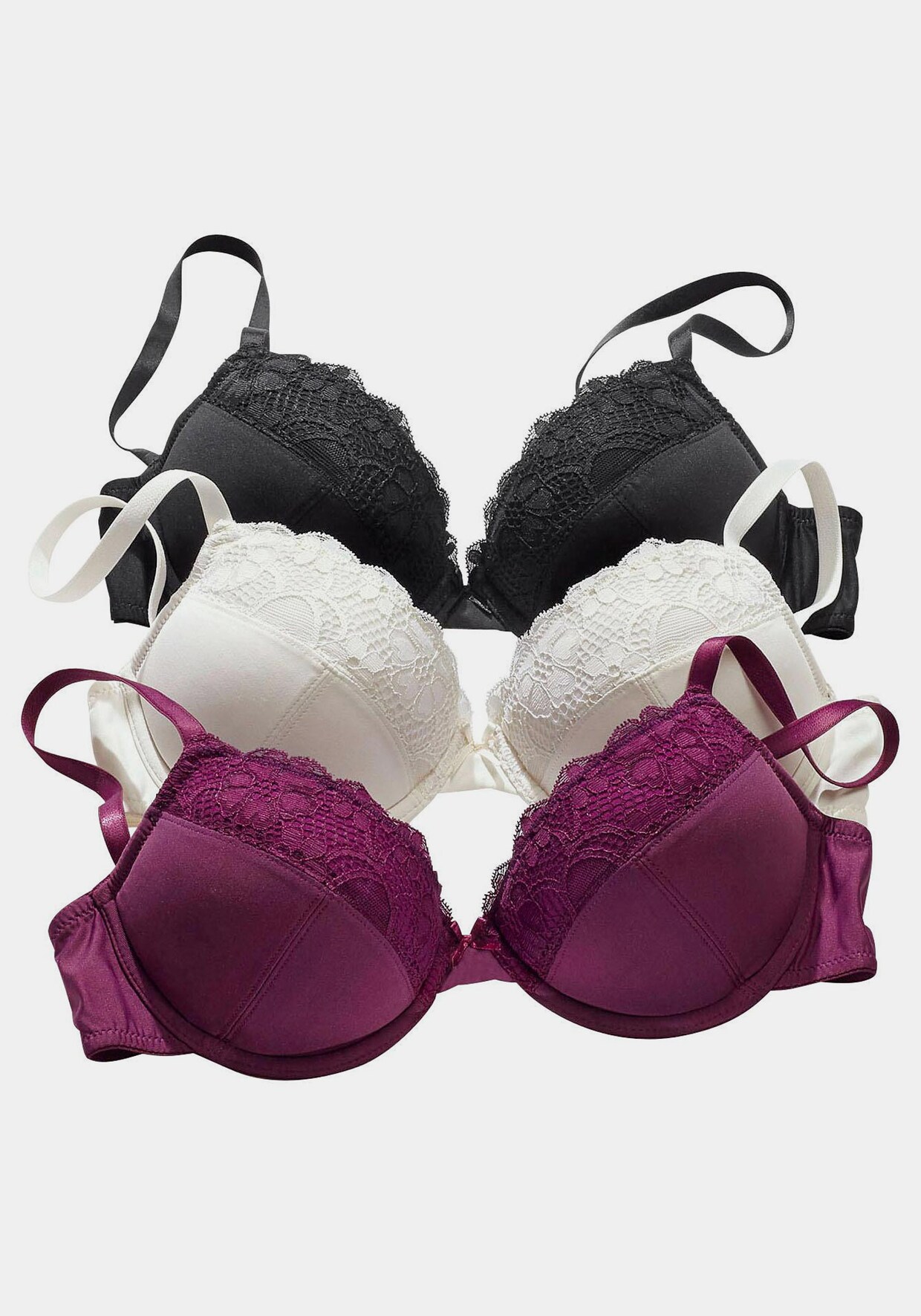 petite fleur Push-up-BH - 1x schwarz + 1x creme + 1x beere