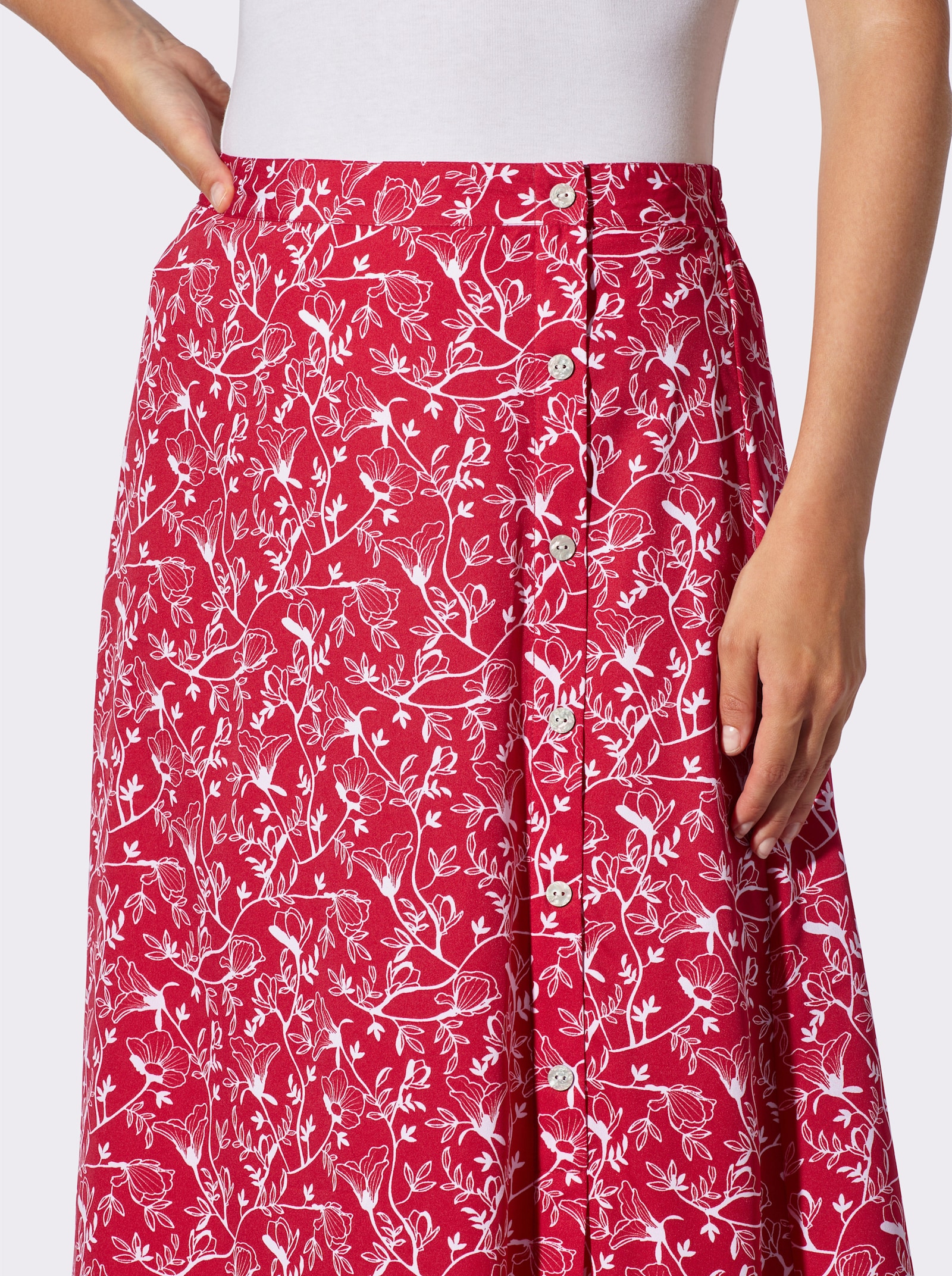 Schlupfrock mit Zierknopfleiste - rot-ecru-bedruckt
