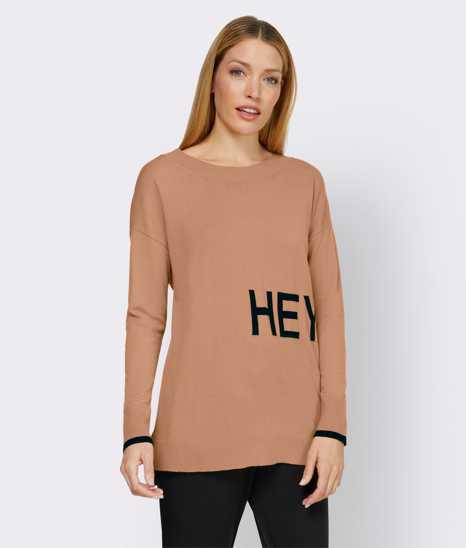heine Pullover van fijntricot met opschrift - camel