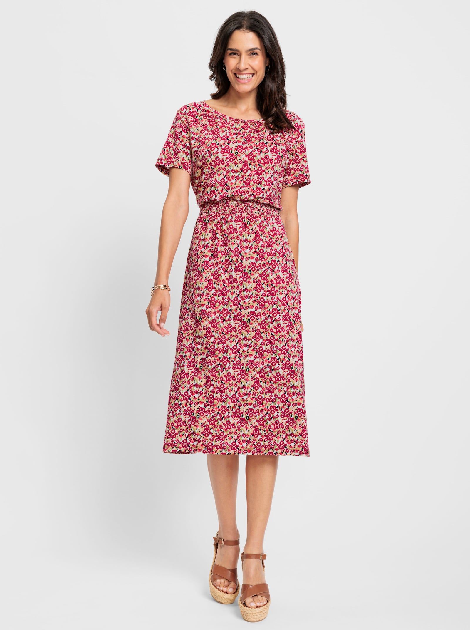 Jerseykleid mit Schlingenknopfverschluss im Nacken - erdbeere-lindgrün-bedruckt