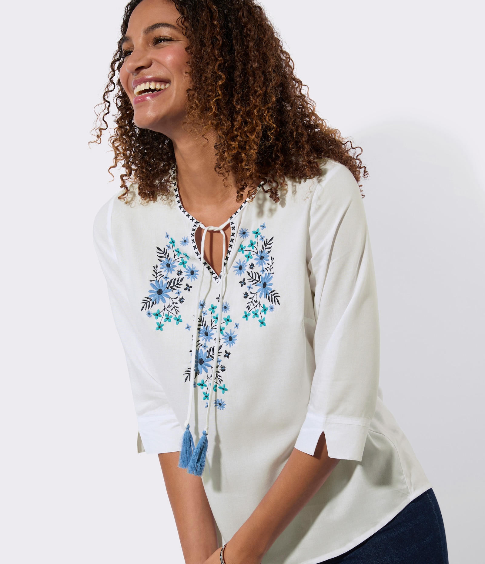 Tuniek met bindstrikjes - wit/middenblauw